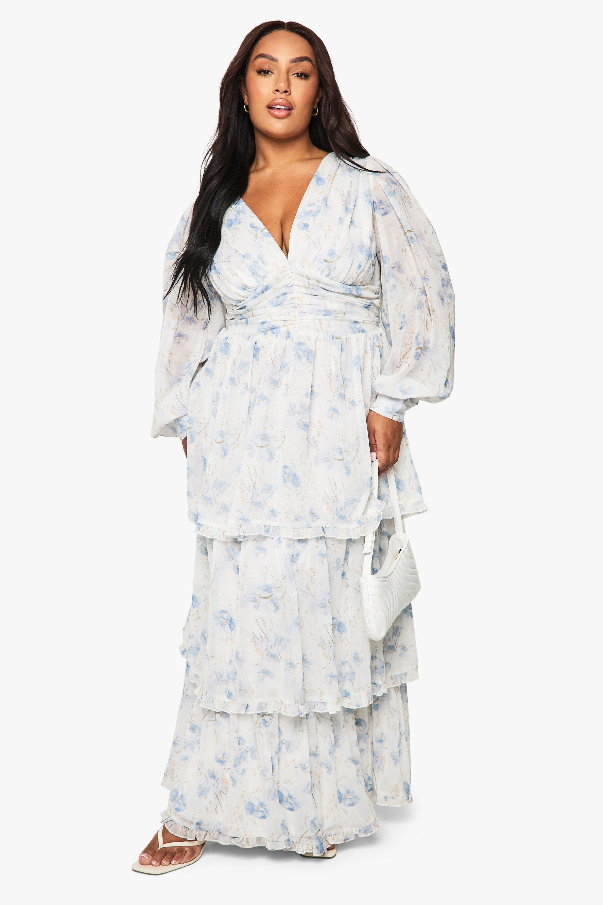 Boohoo Plus Floral Chiffon Tiered Ruched Maxi Dress, Powder Blue