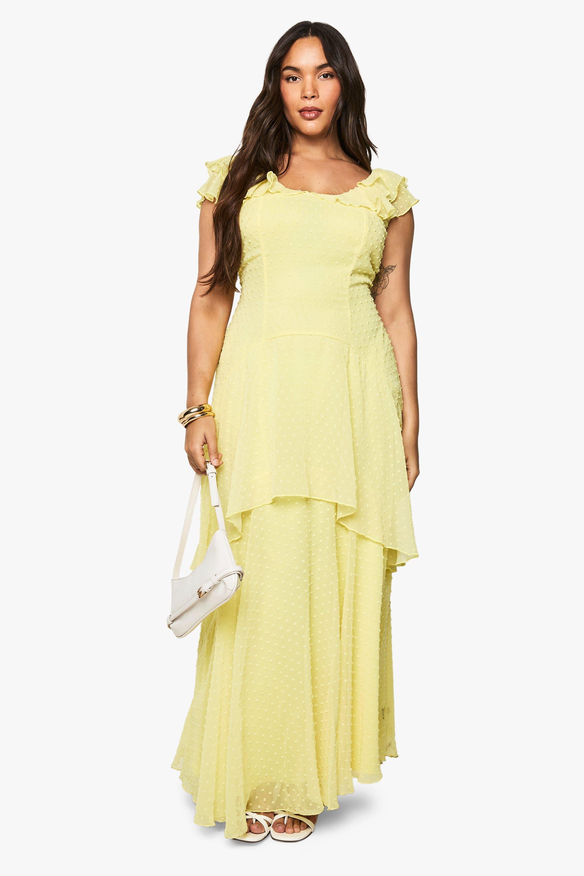 Boohoo Plus Dobby Chiffon Tiered Maxi Dress, Lemon