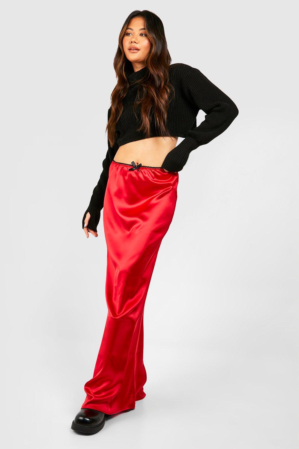 Boohoo Satijnen Maxi Slip Rok Met Lingerie Zoom, Cherry