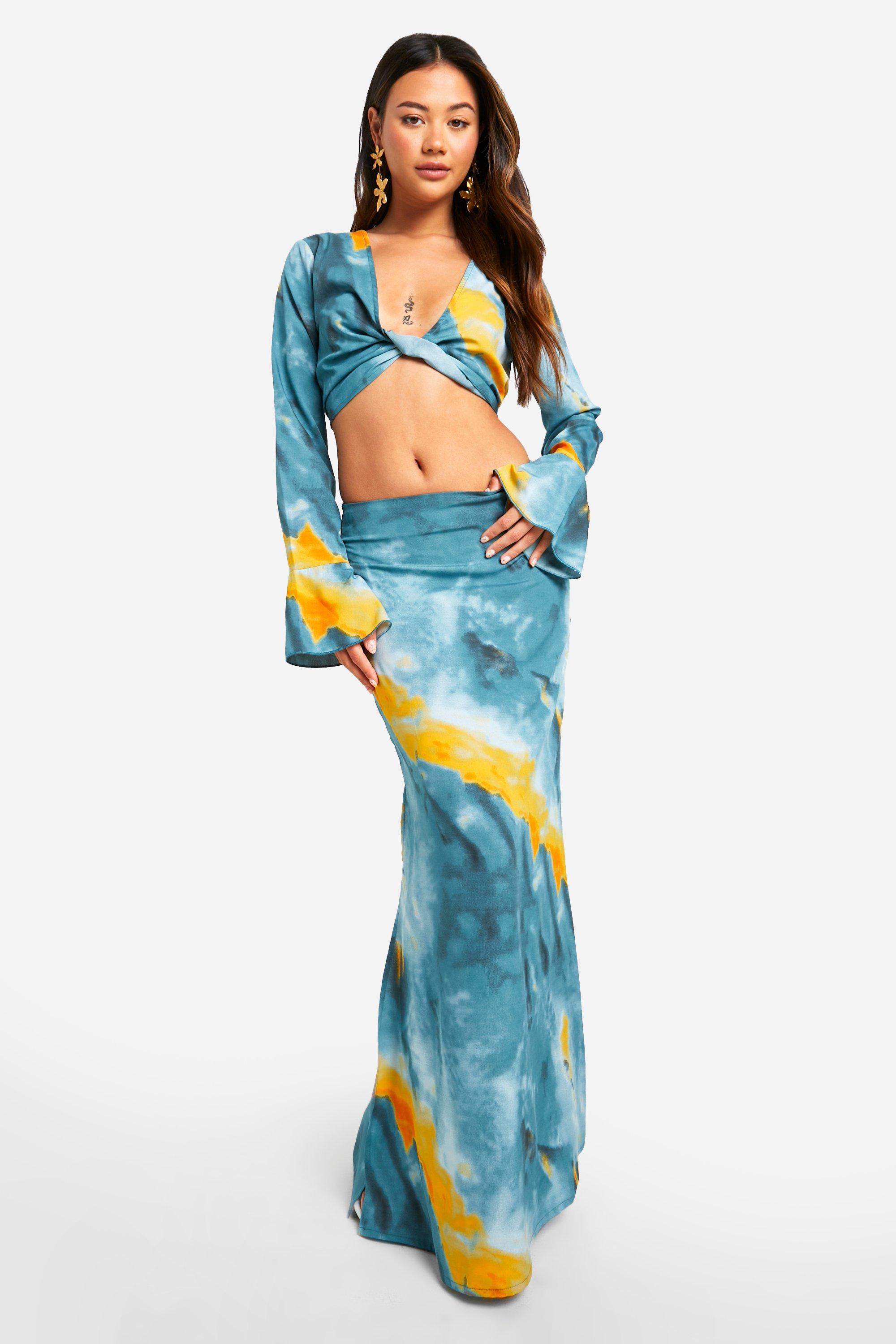Boohoo Monochrome Tie Dye Maxi Rok, Blue
