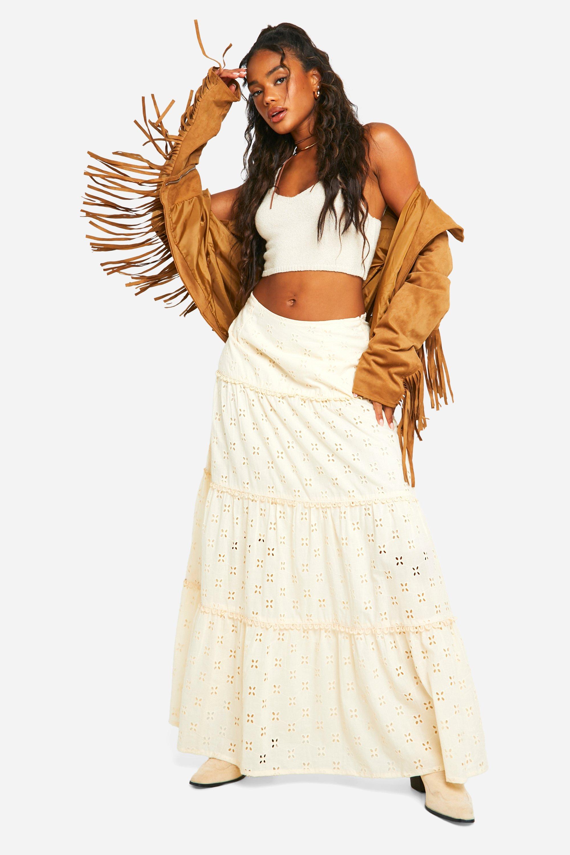 Boohoo Broderie Maxi Rok Met Laagjes, Stone