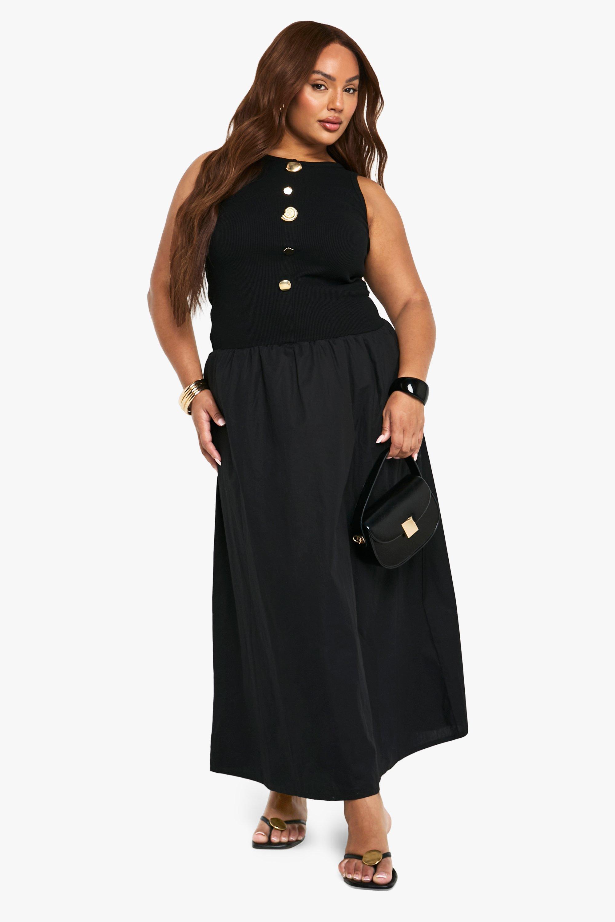 Boohoo Plus Gold Trim Rib Poplin Mix Midaxi Cap Sleeve Dress, Black