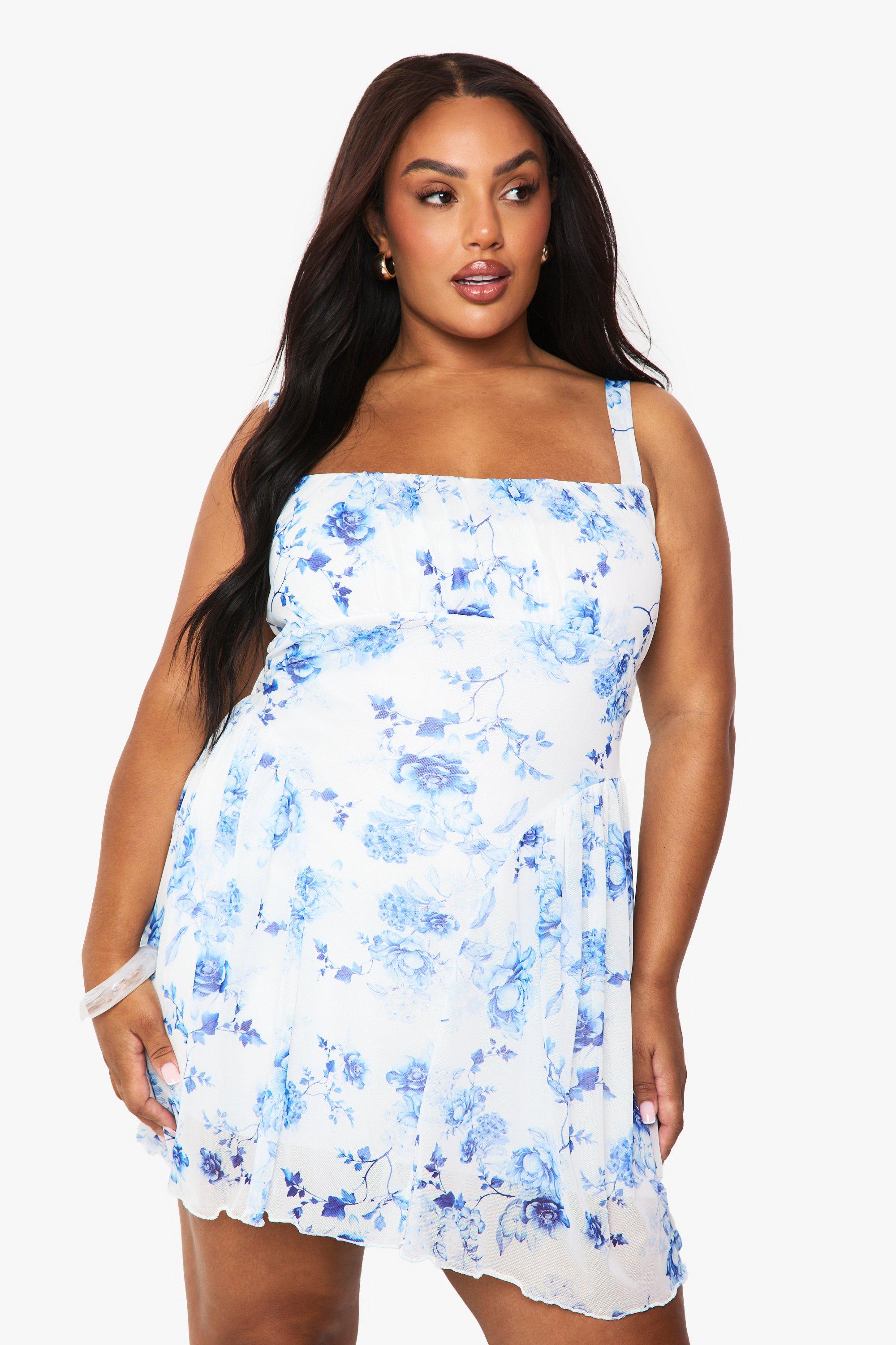 Boohoo Plus Porcelain Mesh Skater Dress, Blue