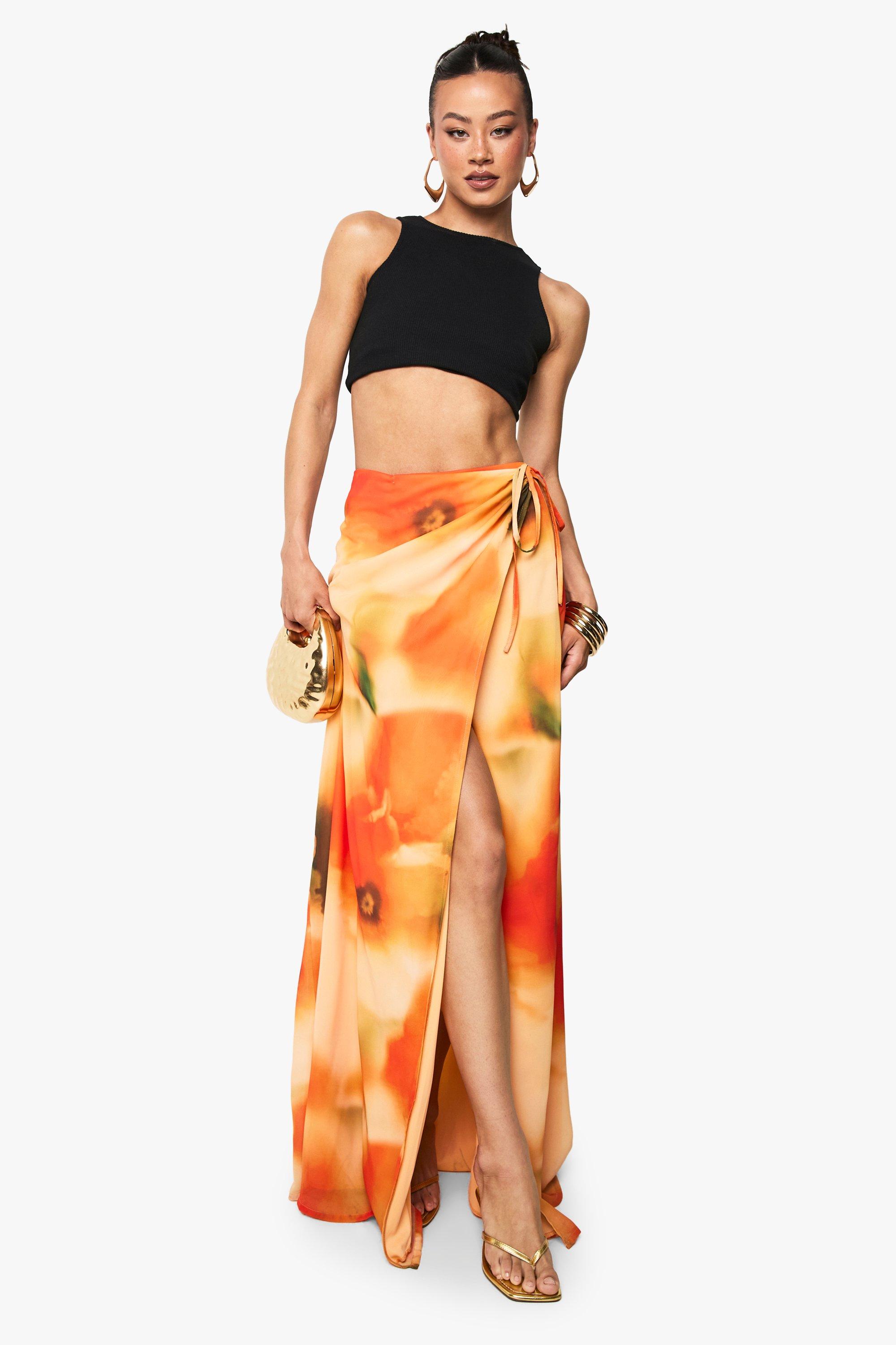 Boohoo Tall Abstracte Chiffon Maxi Rok Met Split, Orange