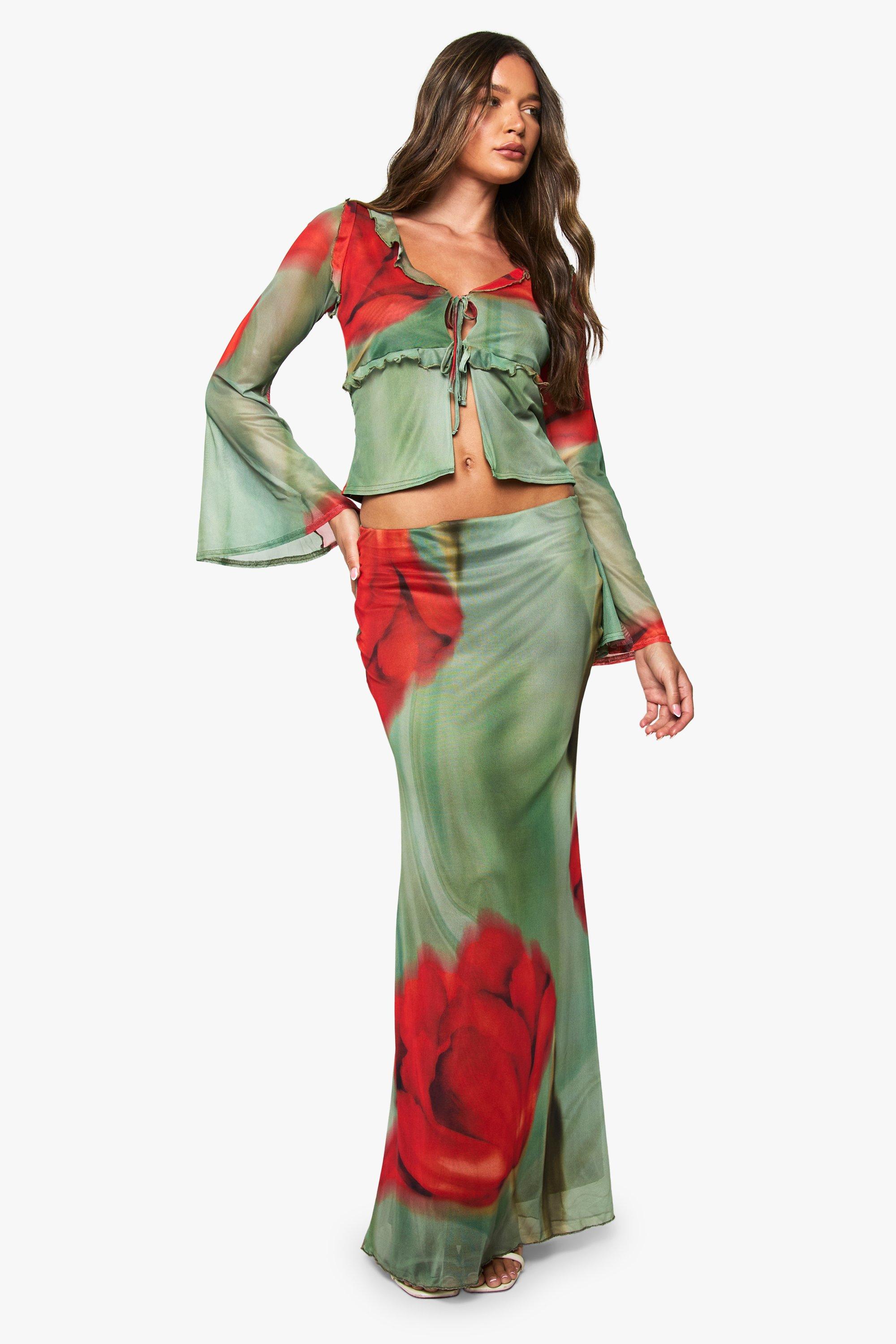Boohoo Mesh Low Rise Bloemenprint Maxi Rok Met Print, Olive