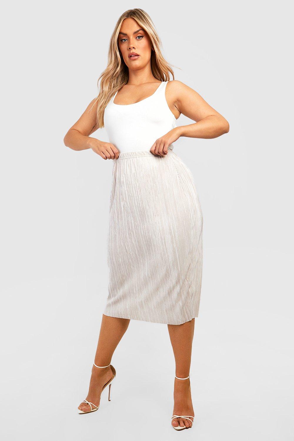 Boohoo Plus Plisse Midi Rok, Champagne