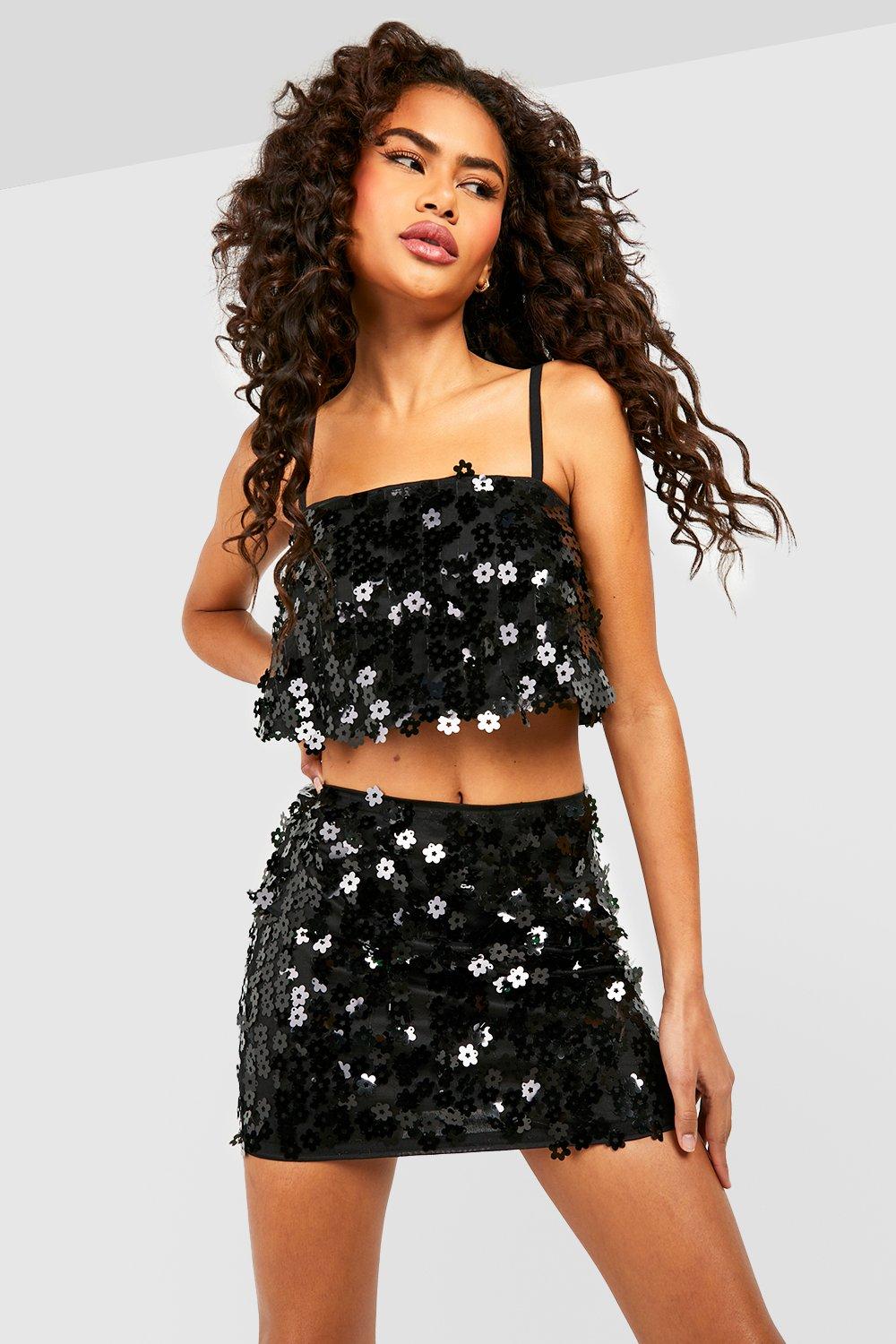 Boohoo Bloemen Mini Rokje Met Pailletten, Black