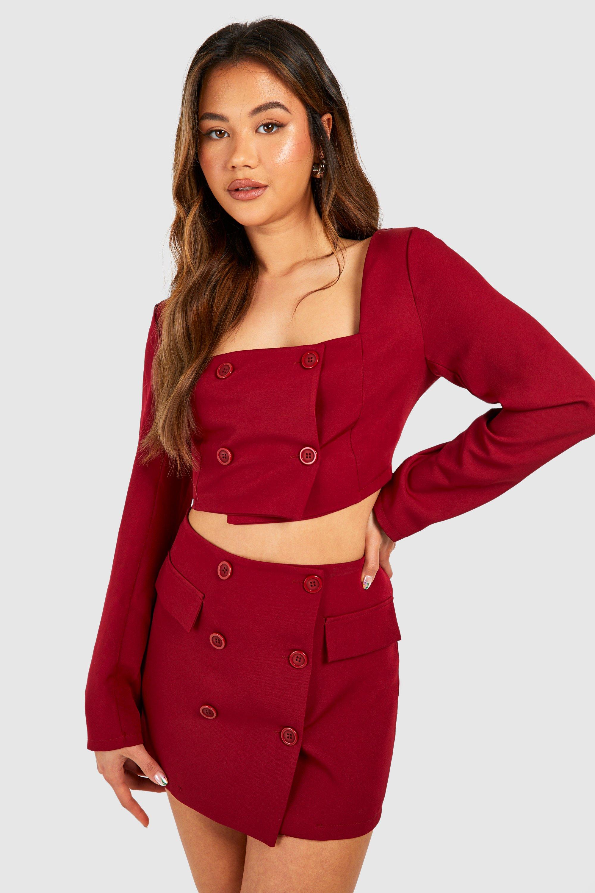 Boohoo Wikkel Mini Rokje Met Knoop Detail, Cherry