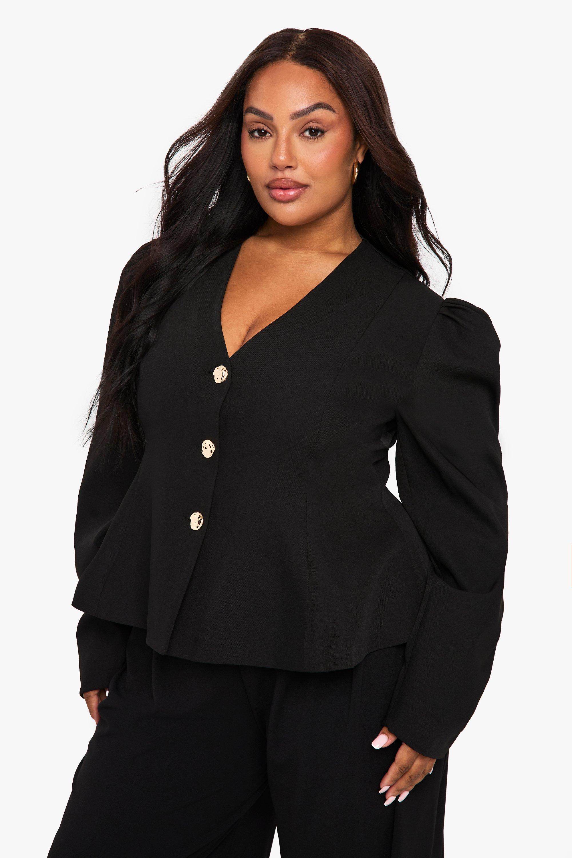 Boohoo Plus Gold Button Puff Sleeve Blazer, Black