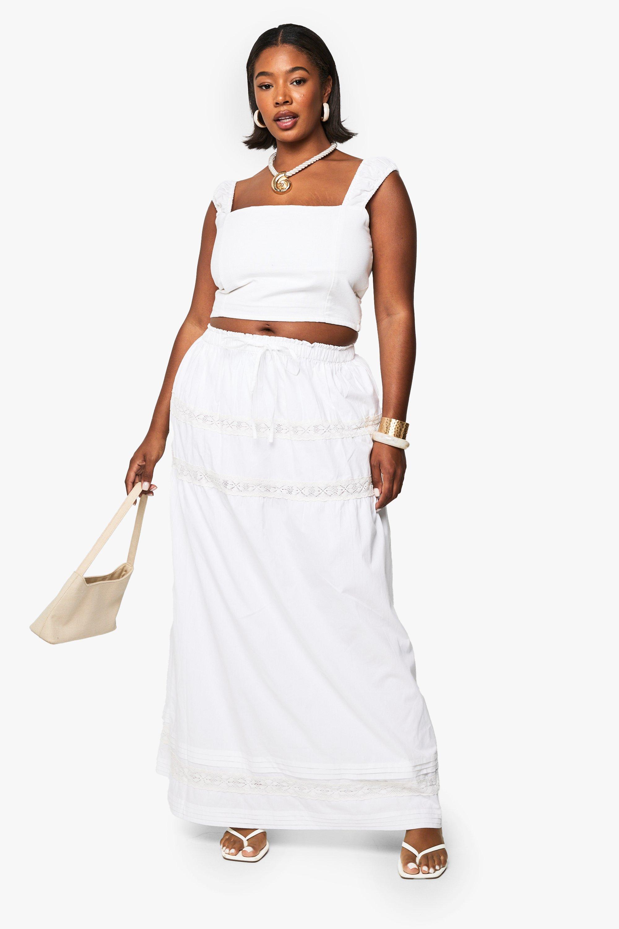 Boohoo Plus Lace Insert Woven Maxi Skirt, White