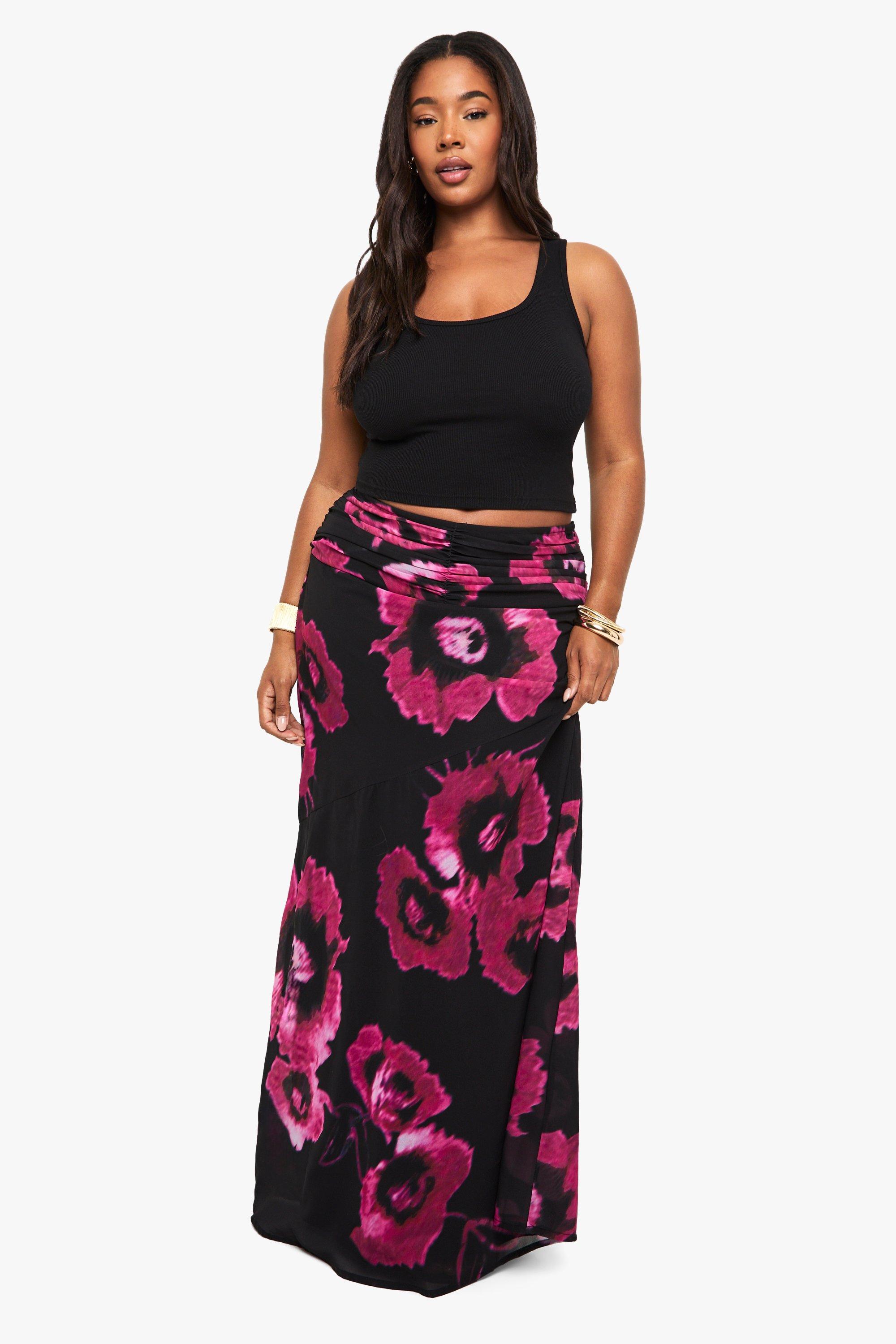 Boohoo Plus Printed Chiffon Aline Maxi Skirt, Black