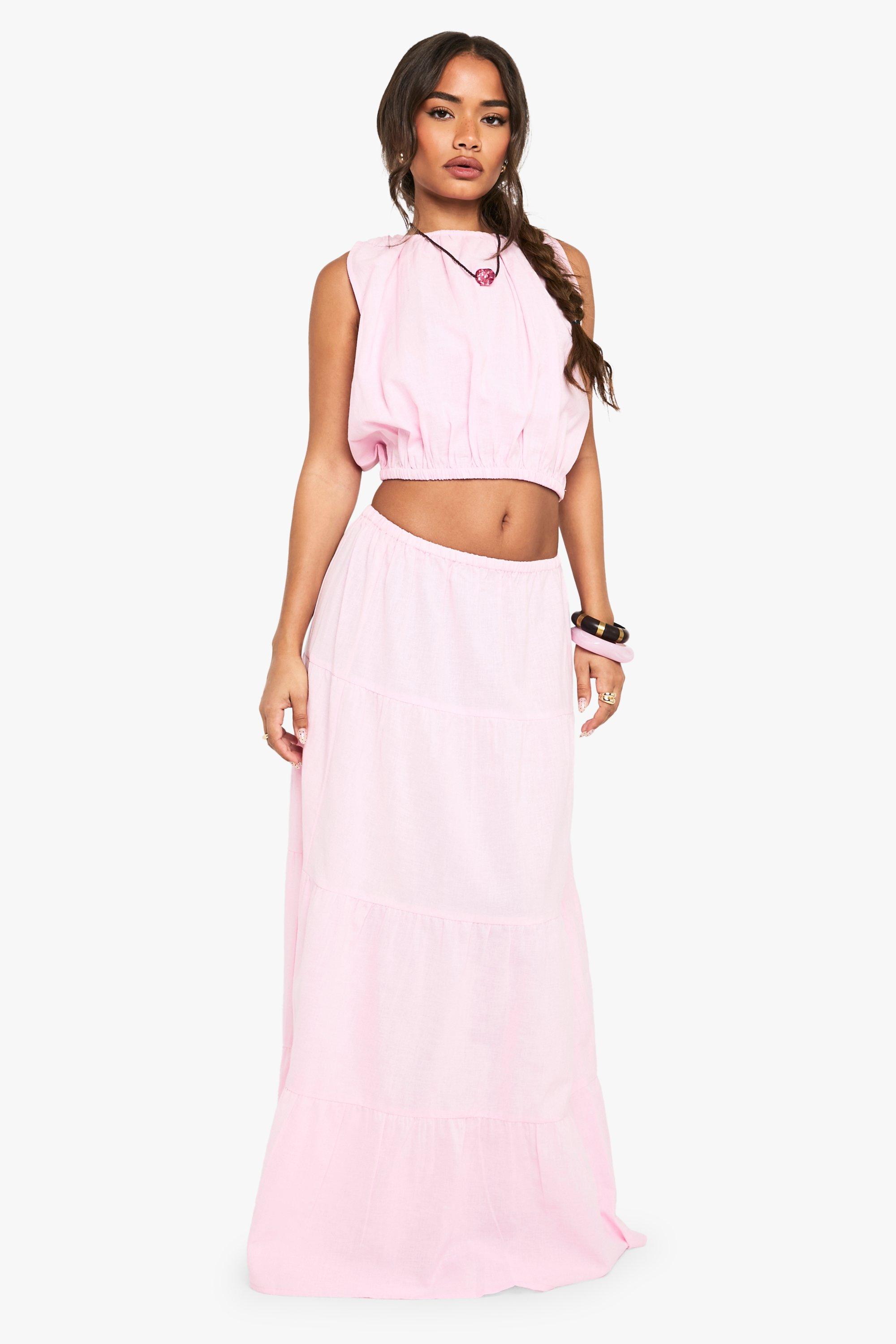 Boohoo Linen Maxi Tiered Skirt, Pink