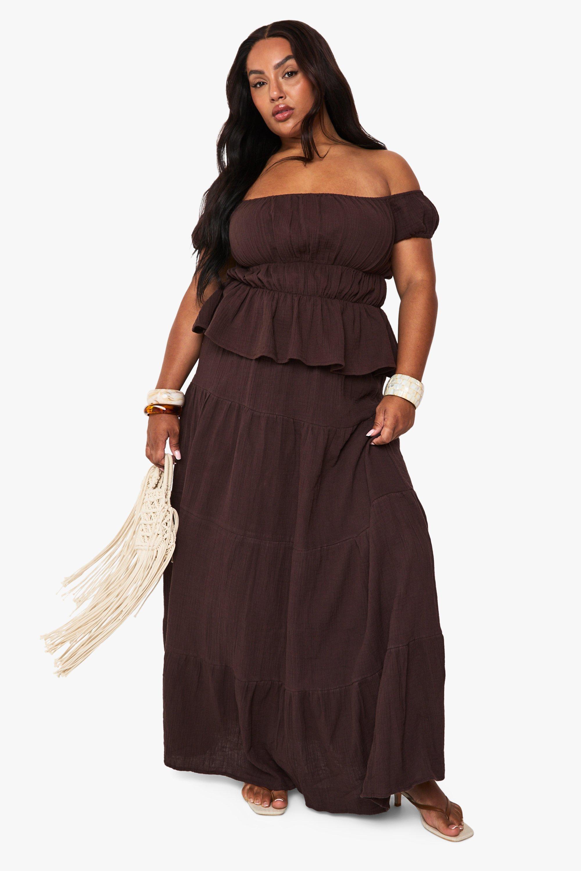 Boohoo Plus Cheesecloth Maxi Skirt, Chocolate