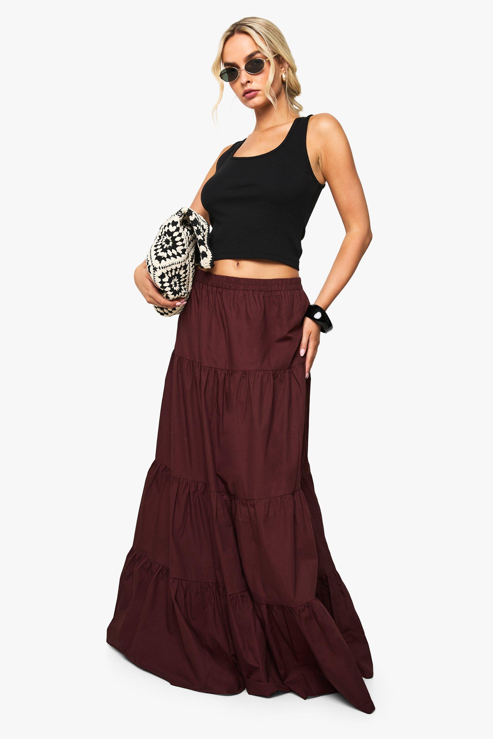 Boohoo Poplin Tiered Maxi Skirt, Chocolate