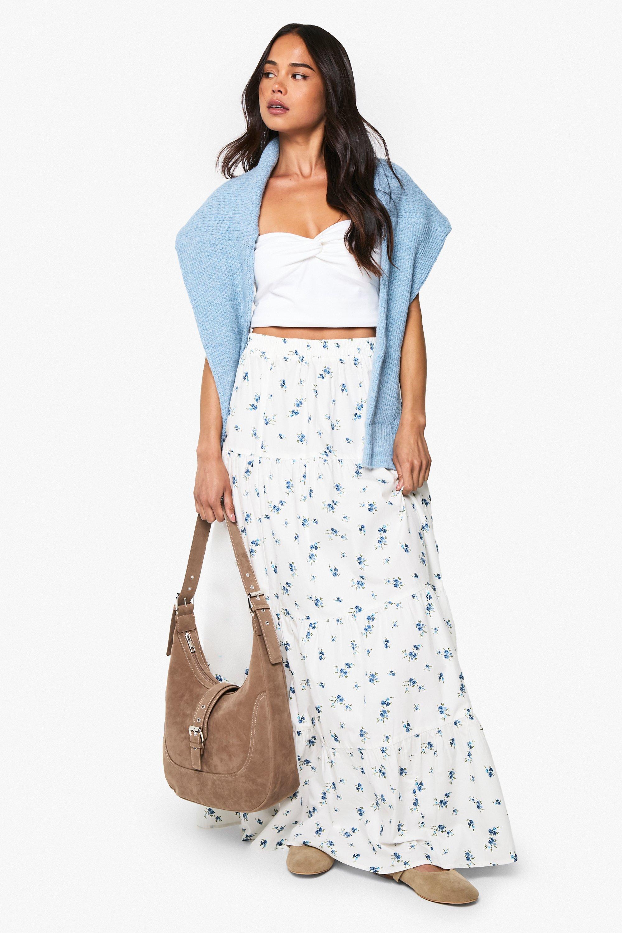 Boohoo Floral Poplin Tiered Maxi Skirt, White