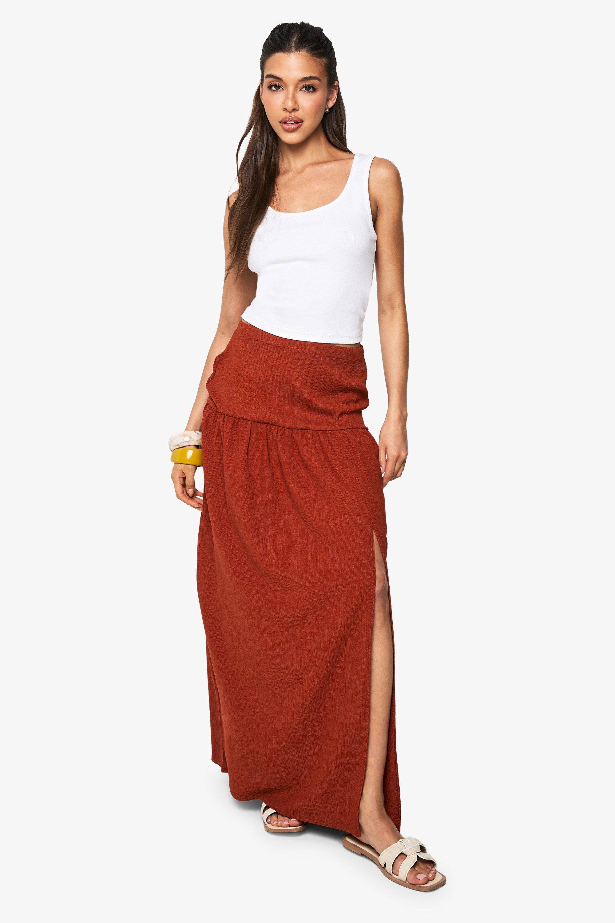 Boohoo Textured Split Front Tiered Maxi Skirt, Rust