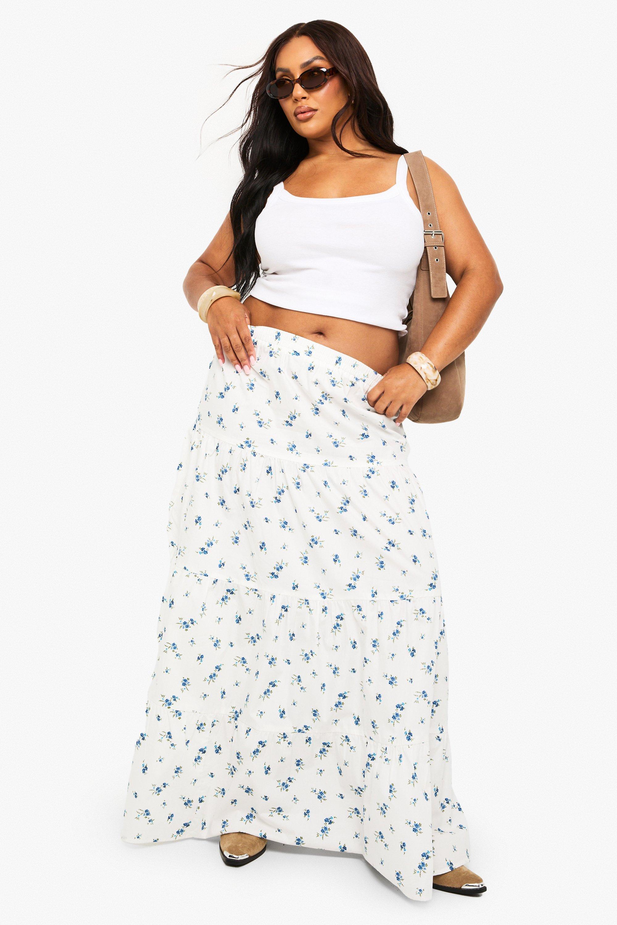 Boohoo Plus Floral Poplin Tiered Maxi Skirt, White