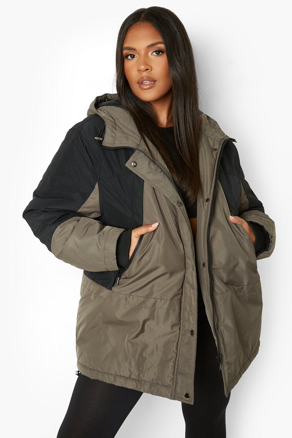 Boohoo Plus Parka Jas Met Arm Detail En Capuchon, Khaki