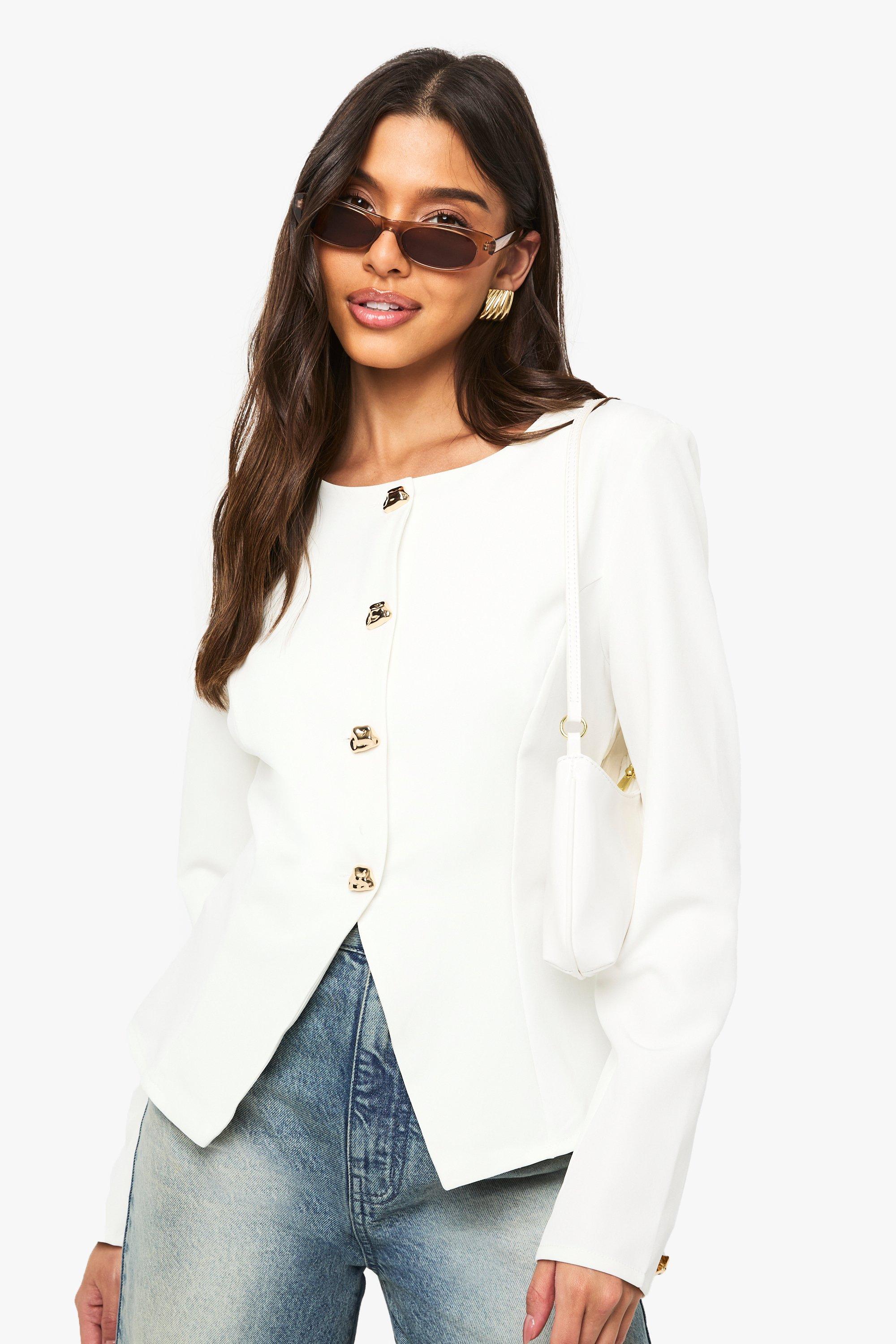 Boohoo Kraagloze Blazer Met Gouden Zoom, Ecru