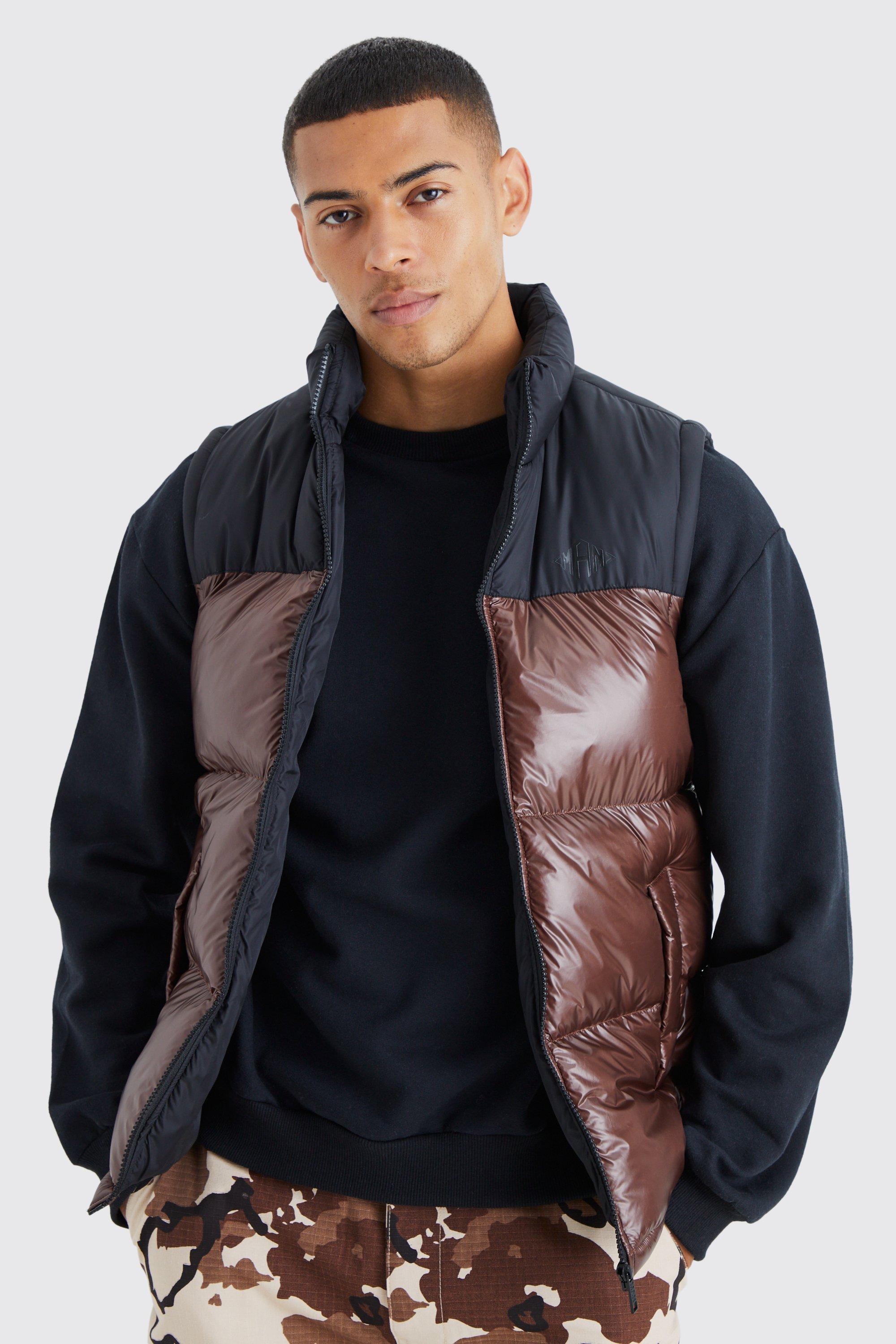 Boohoo Man Glanzende Color Block Bodywarmer, Chocolate