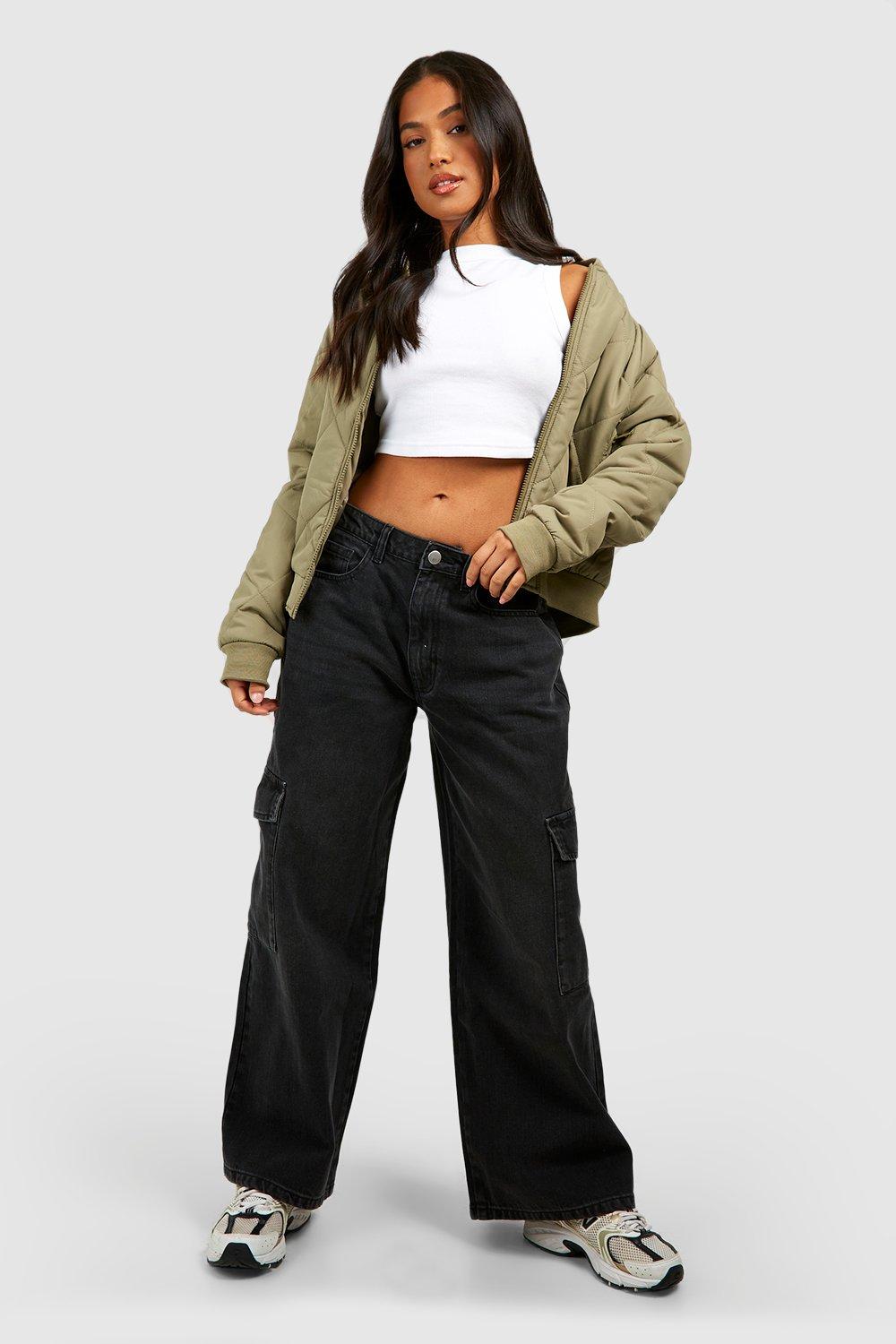 Boohoo The Petite Wide Leg Cargo Jeans, Black