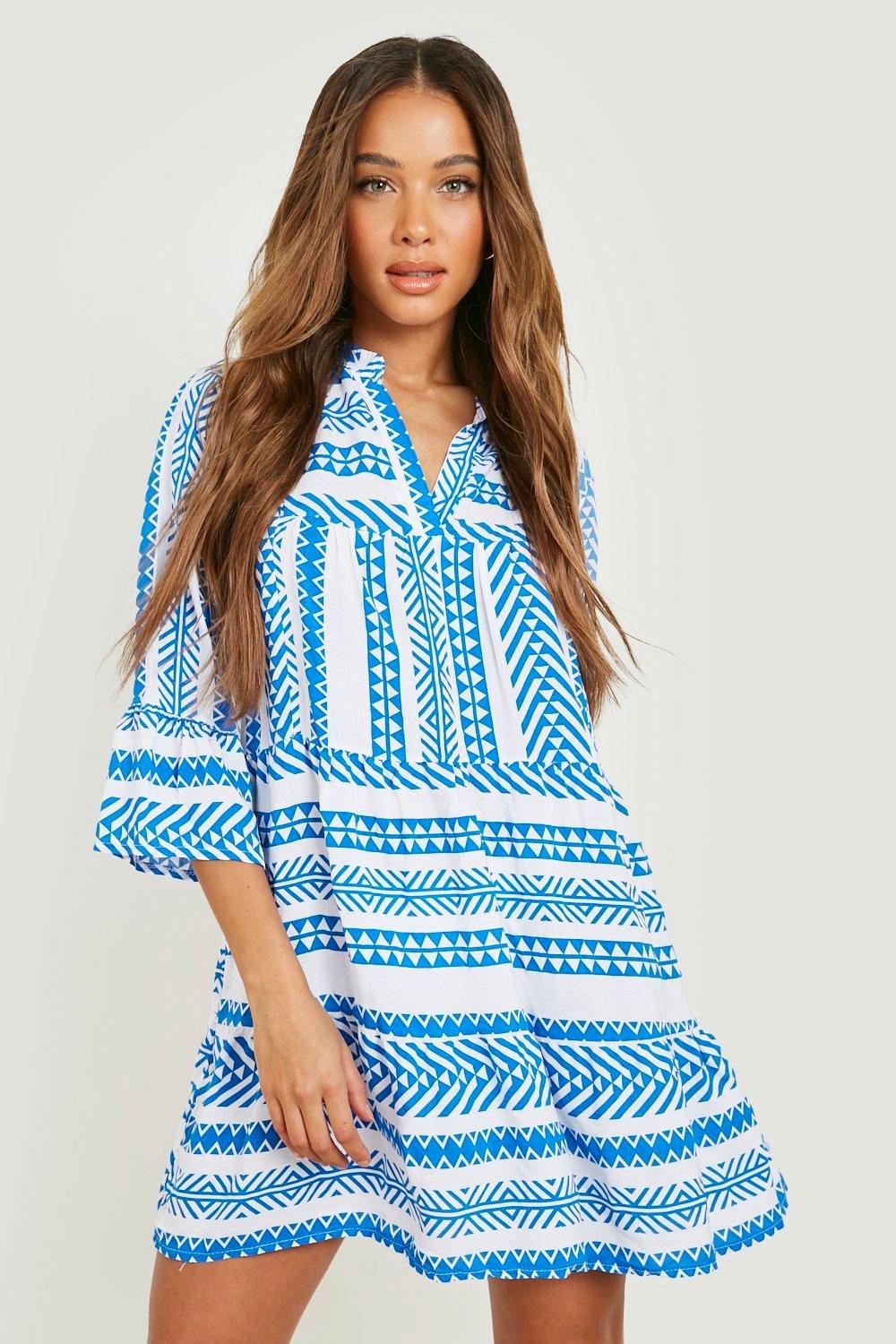 Boohoo Loshangende Strand Kaftan Met Print En Laagjes, Blue