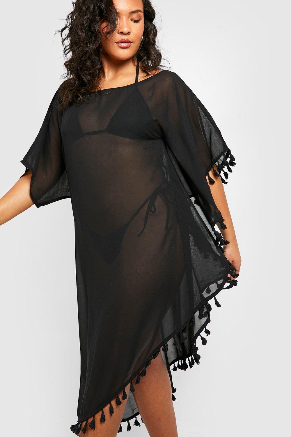 Boohoo Plus Asymmetrische Strand Cover Up Met Kwastjes, Black