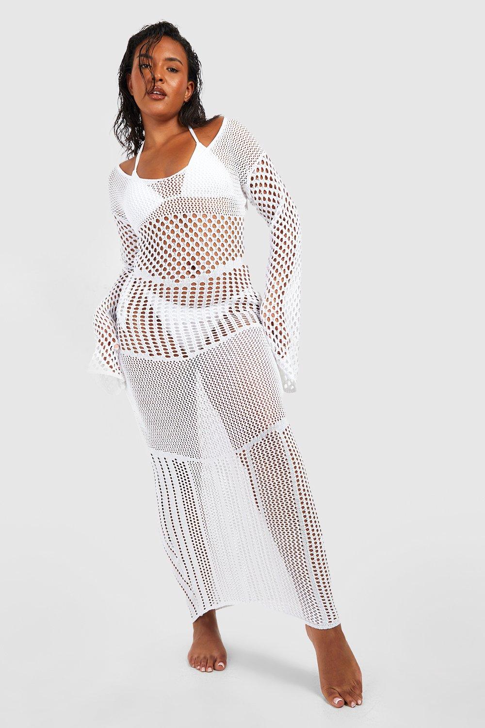 Boohoo Plus Gebreide Gehaakte Maxi Jurk Met Lange Mouwen, White