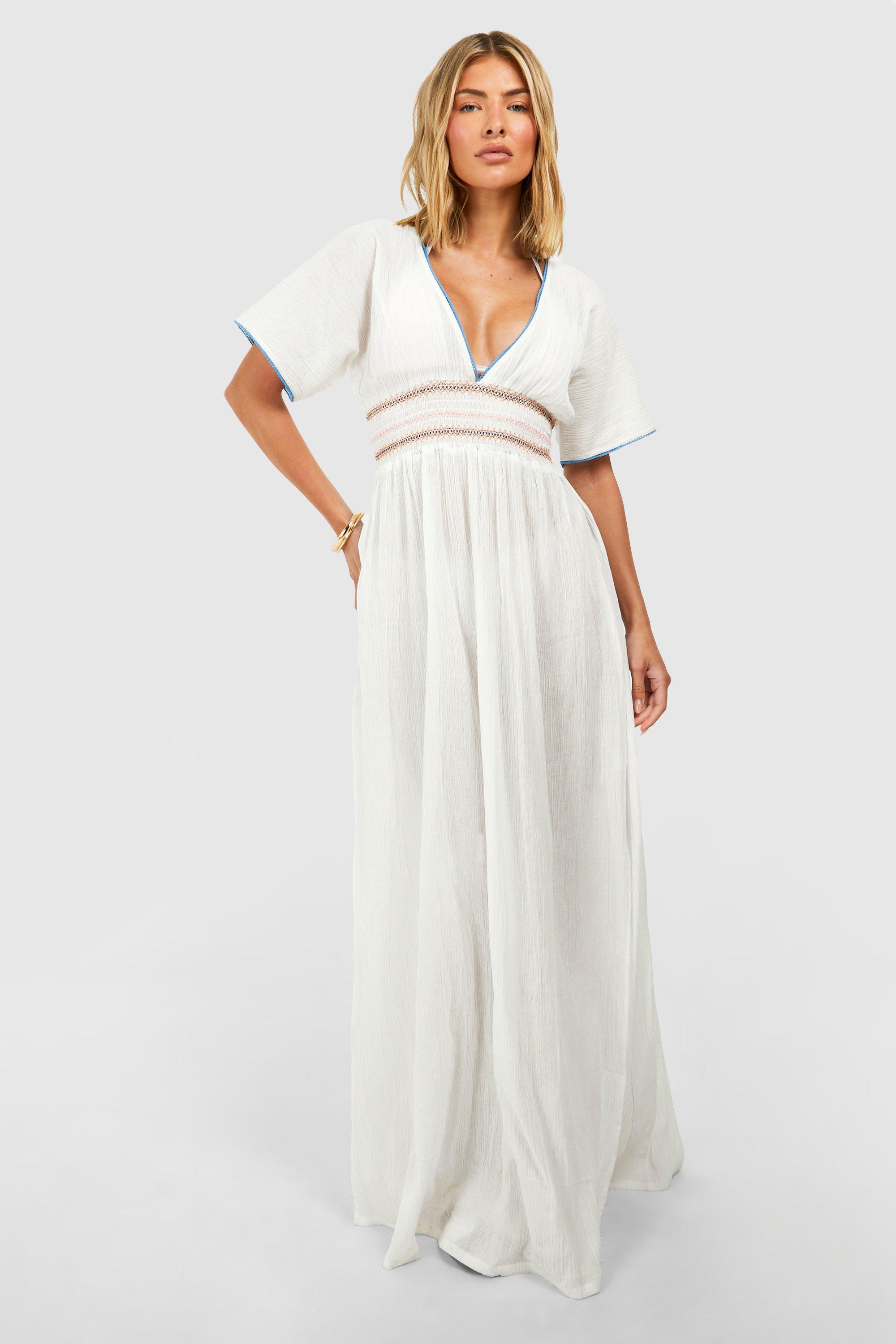 Boohoo Geborduurde Gekreukelde Maxi Strand Jurk, Ivory