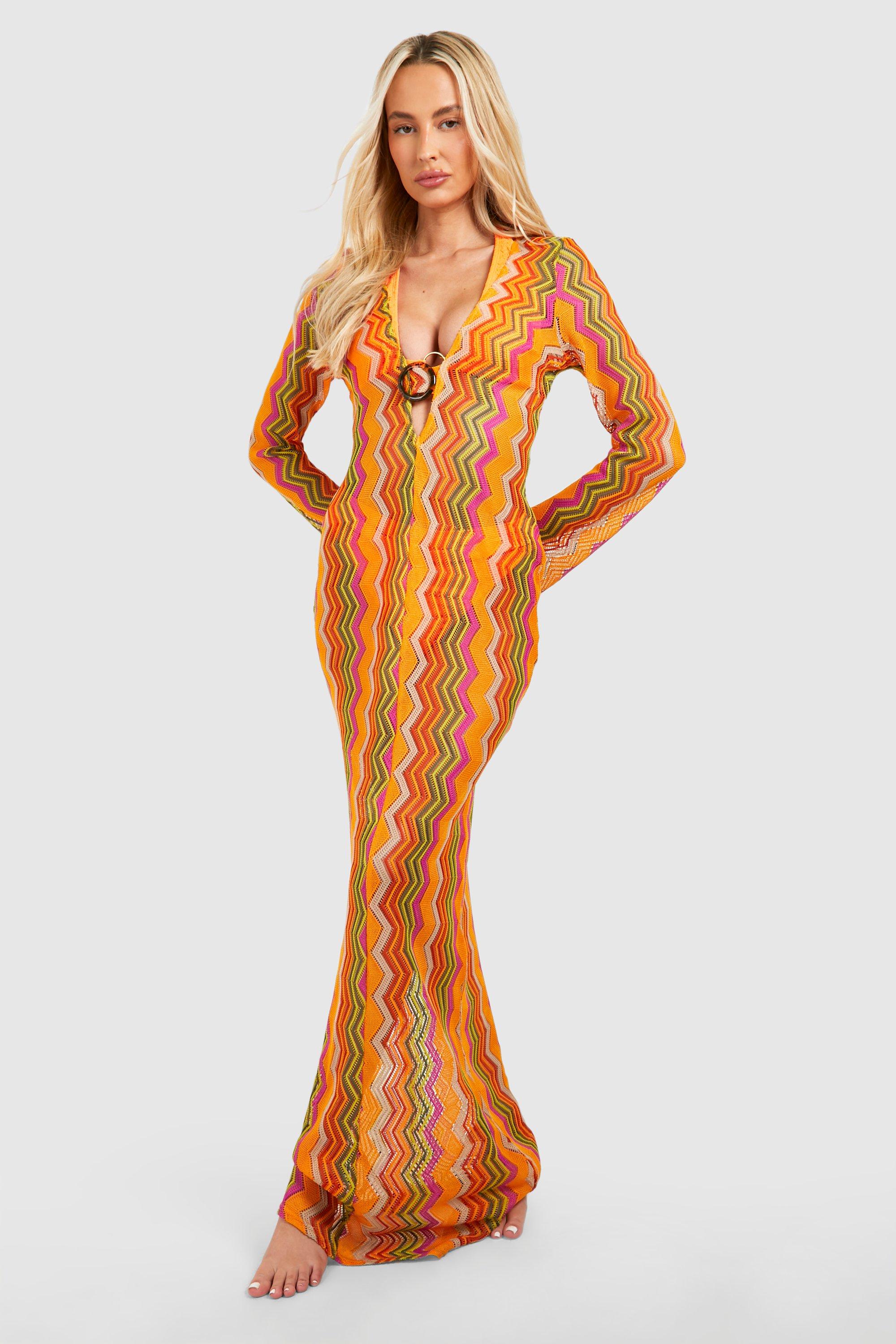 Boohoo Tall Gehaakte Zig Zag Maxi Strand Jurk, Orange