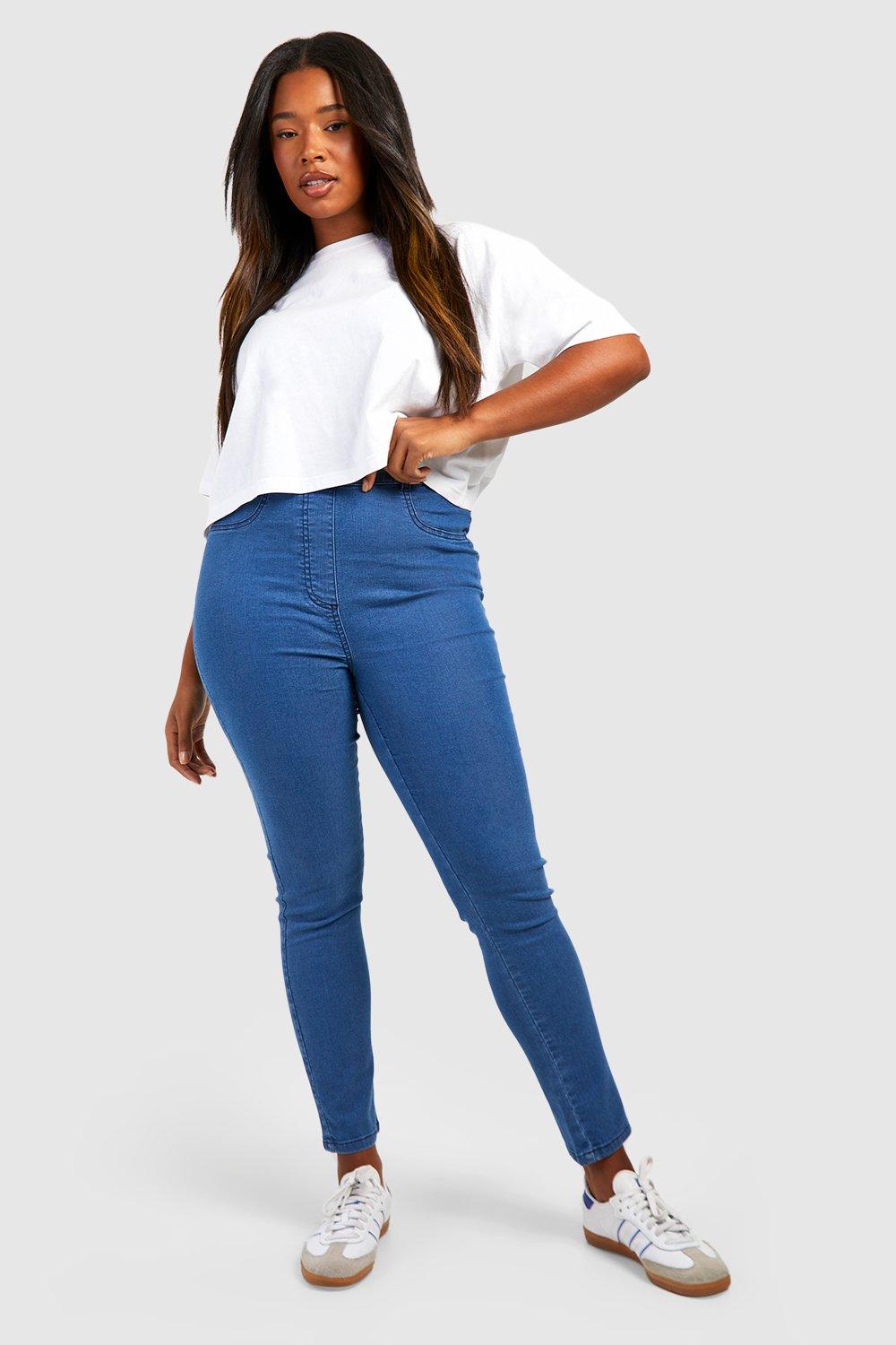 Boohoo Plus High Waist Jeggings, Mid Blue