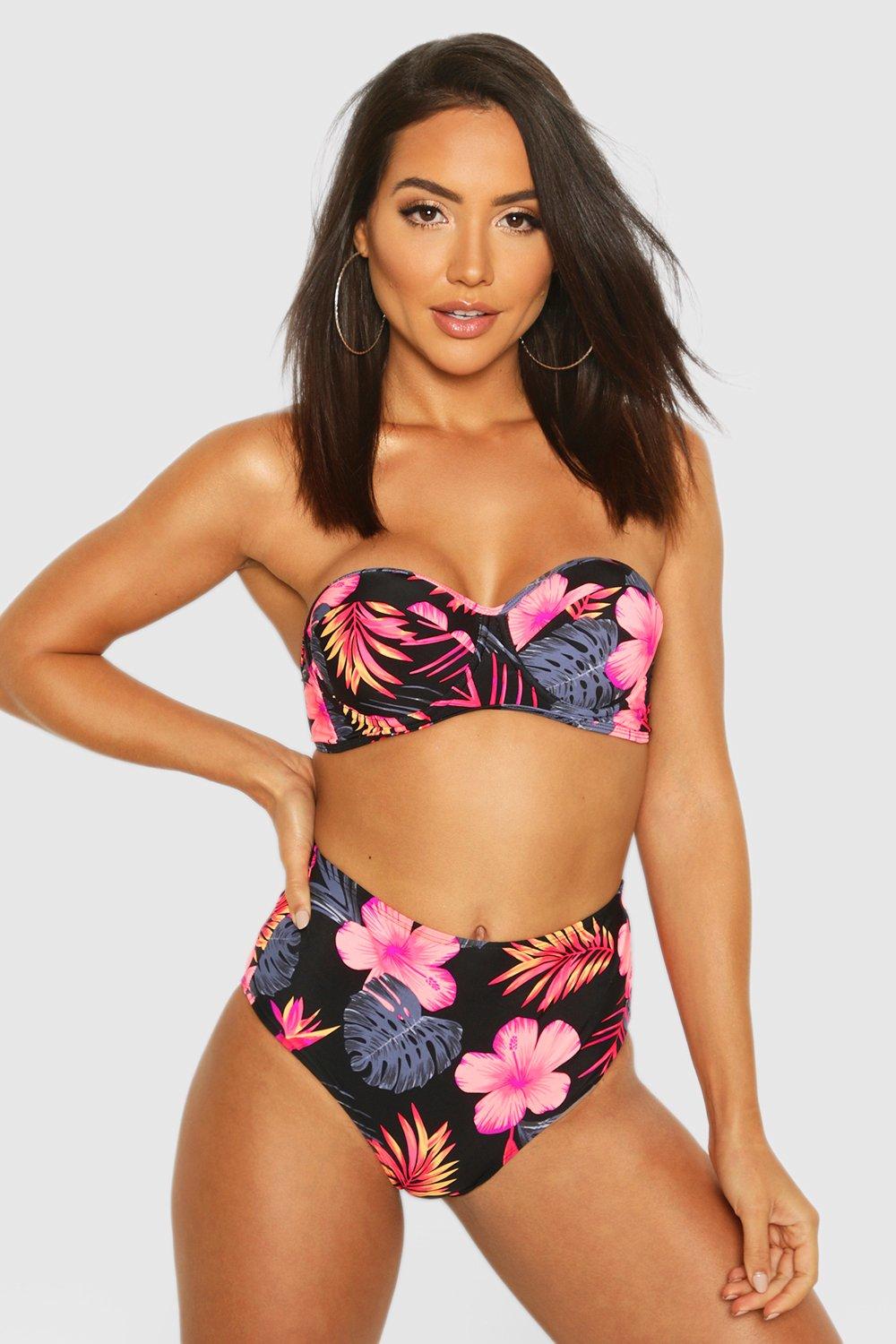 Boohoo Tropische Bloemenprint Bikini Met Beugel En Hoge Taille, Zwart