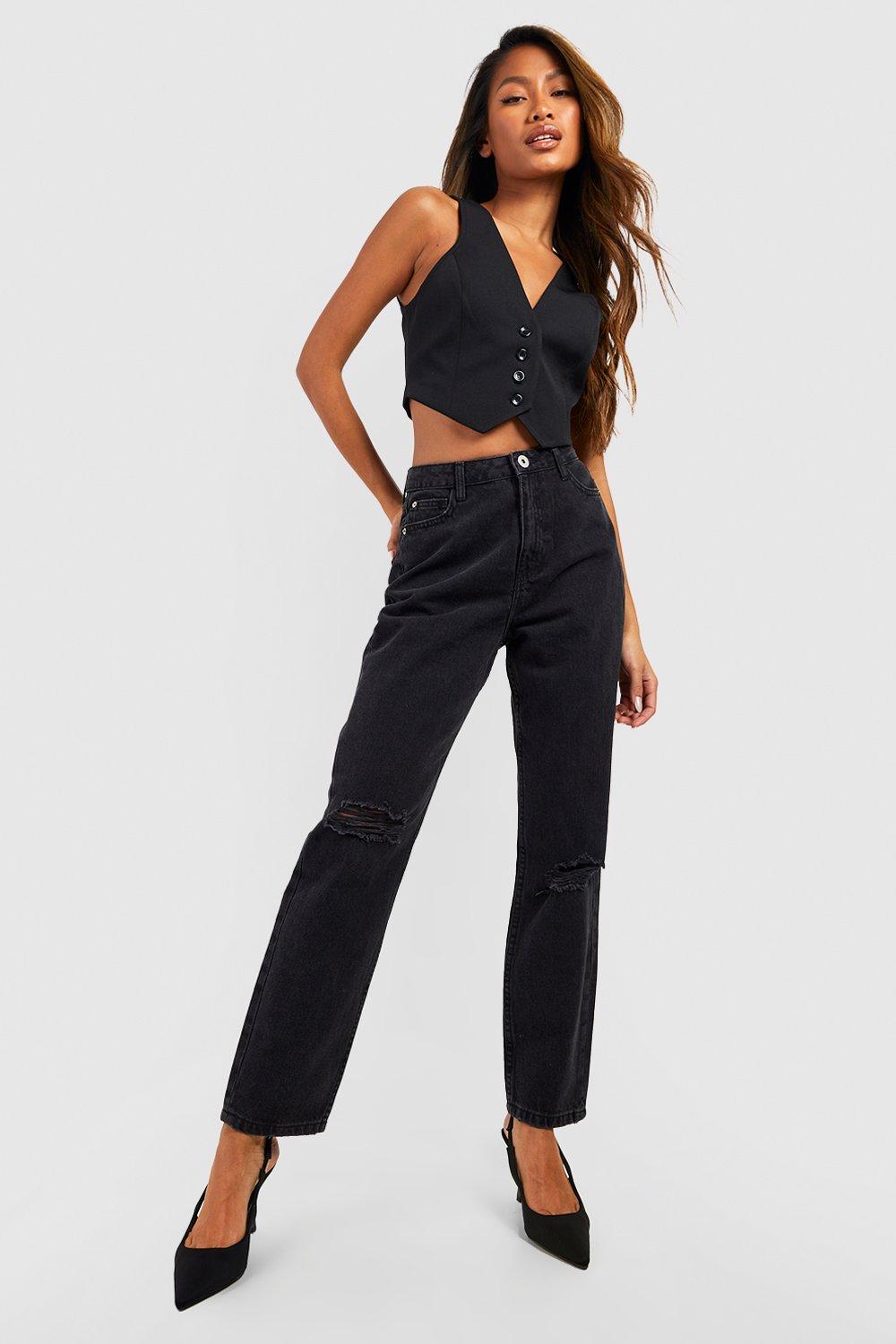 Boohoo High Waist Mom Jeans Met Gescheurde Knieën, Black