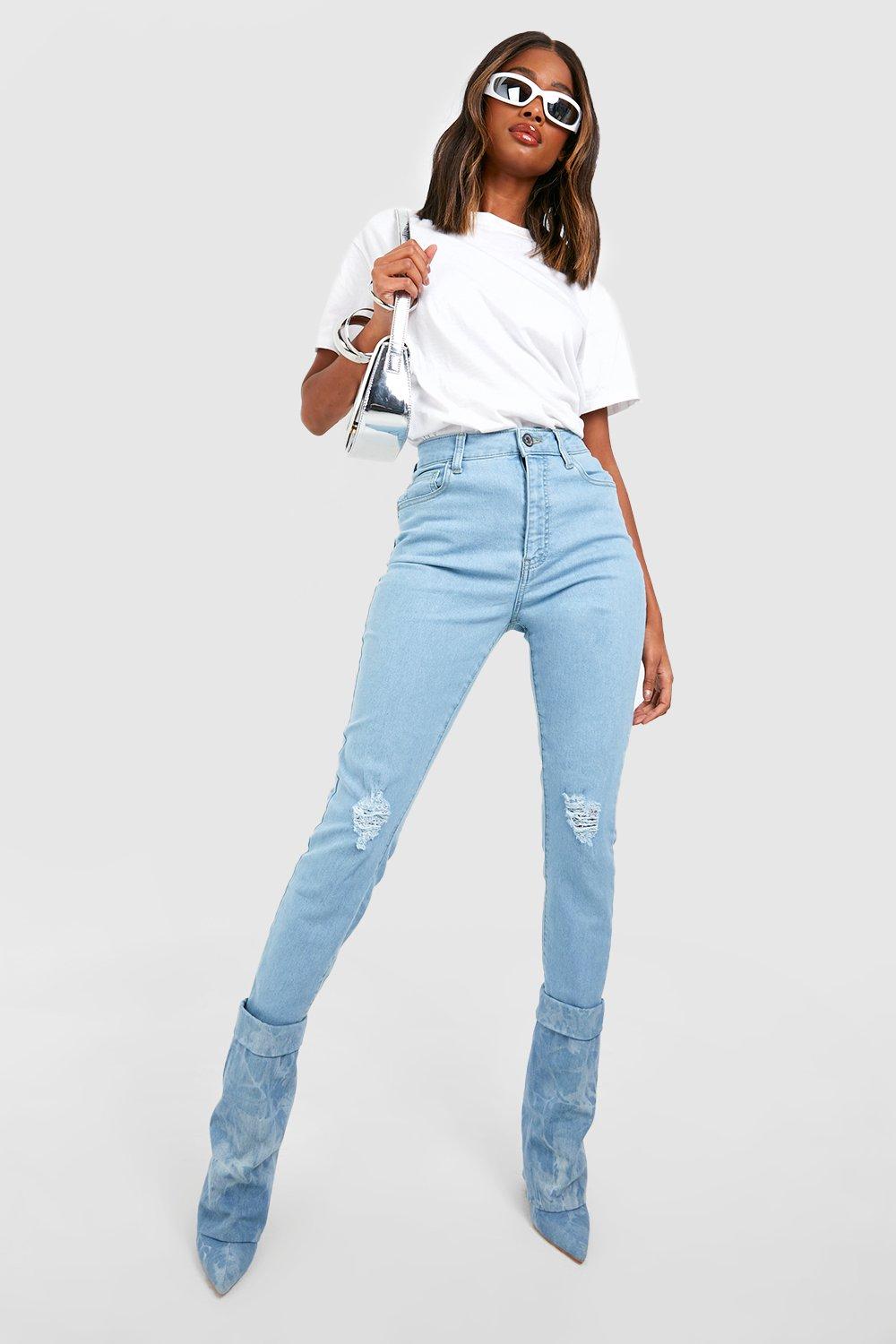 Boohoo Versleten Skinny Jeans Met Hoge Taille En Gerafelde Zoom, Light Blue