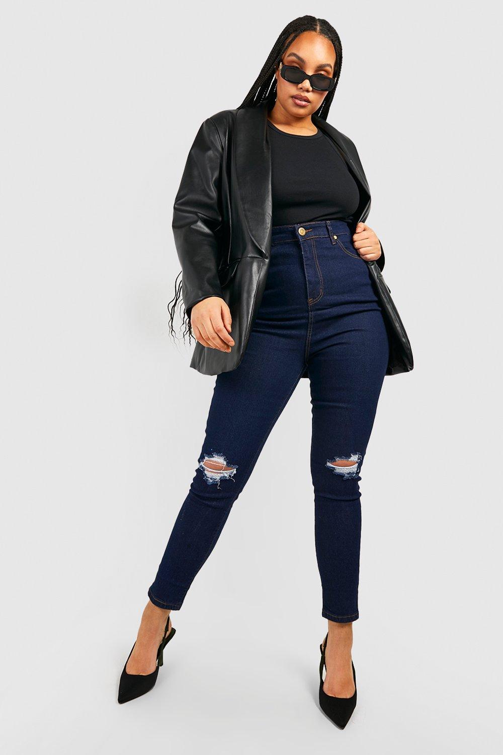 Boohoo Plus Versleten High Waist Skinny Jeans, Dark Blue