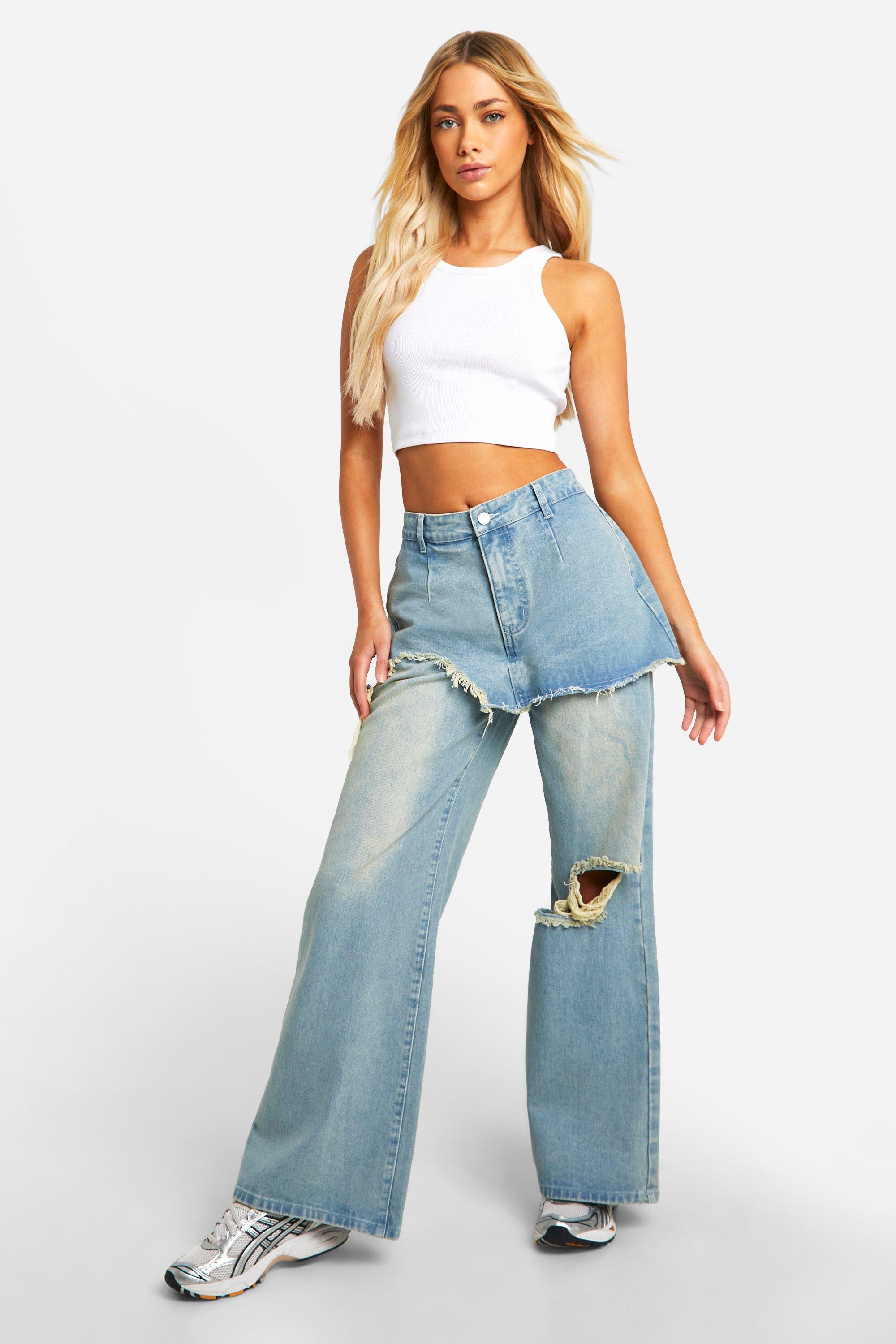 Boohoo 2-In-1 Jeans Met Mini Rokje, Light Wash