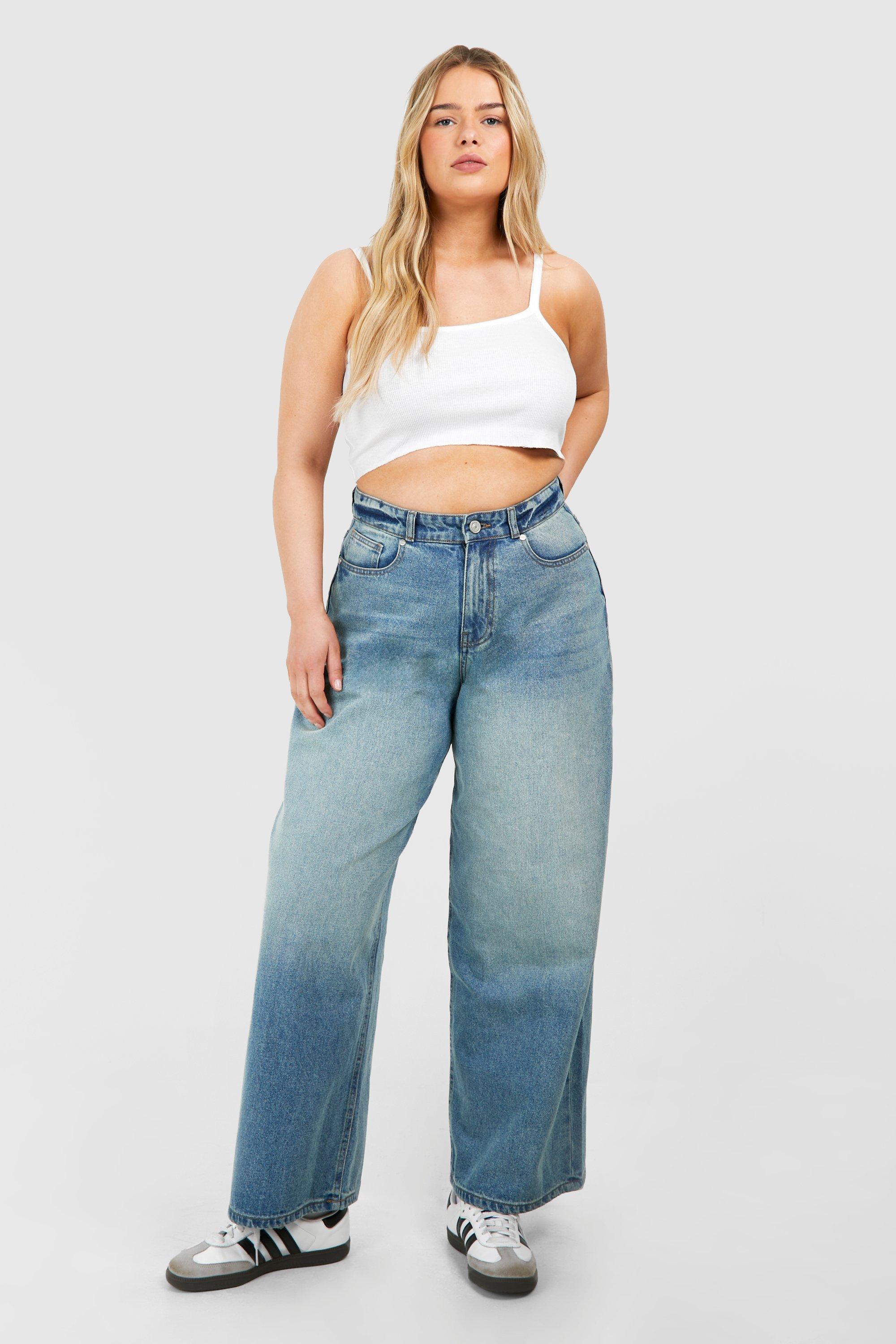 Boohoo Plus Oversized Denim Jeans Met Rechte Pijpen En Strik, Mid Blue