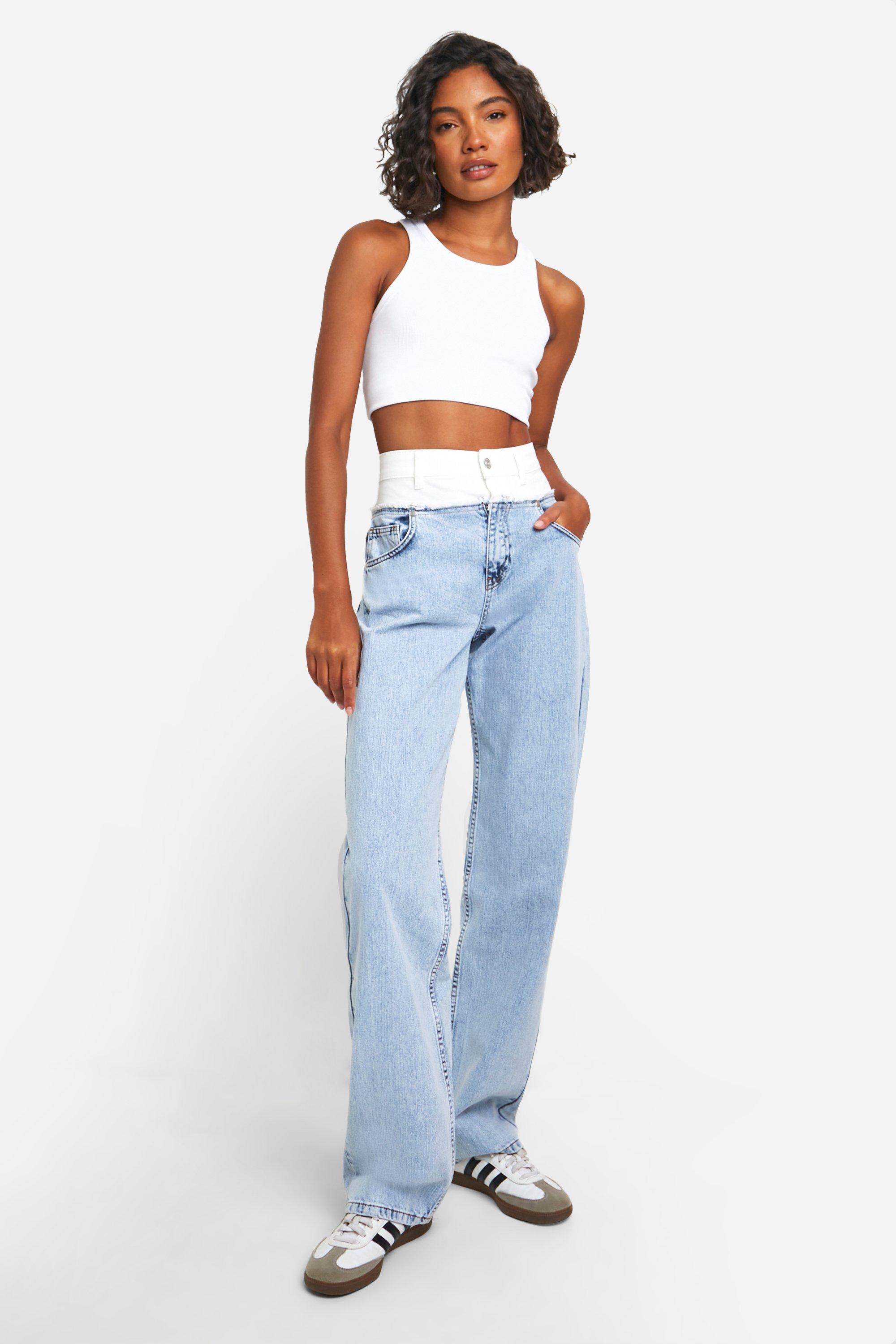 Boohoo Tall Jeans Met Contrasterende Tailleband En Rechte Pijpen, Light Blue