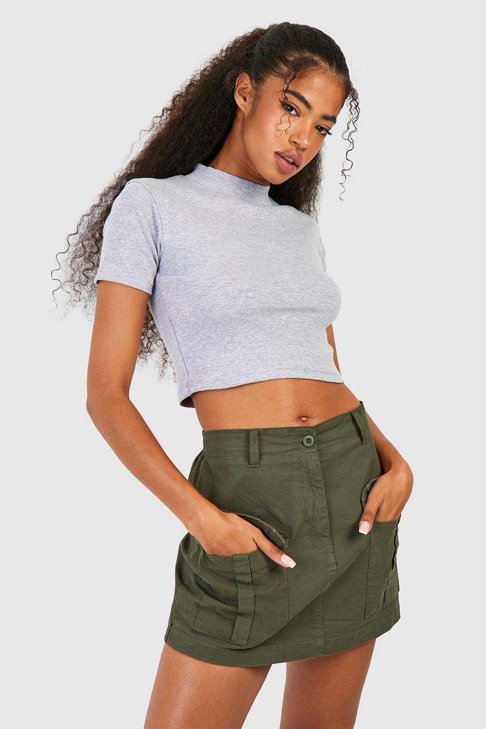 Boohoo Basic Geribbelde Crop Top Met Korte Mouwen En Hoge Kraag, Grey Marl