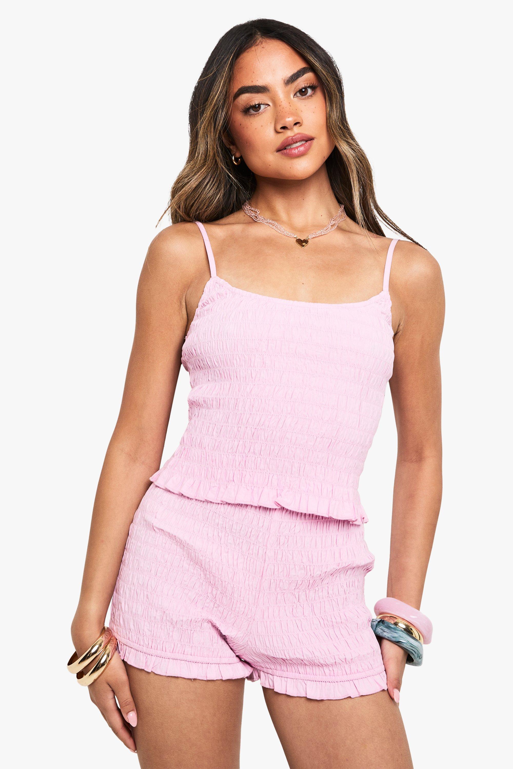 Boohoo Cotton Poplin Shirred Crop Top, Baby Pink