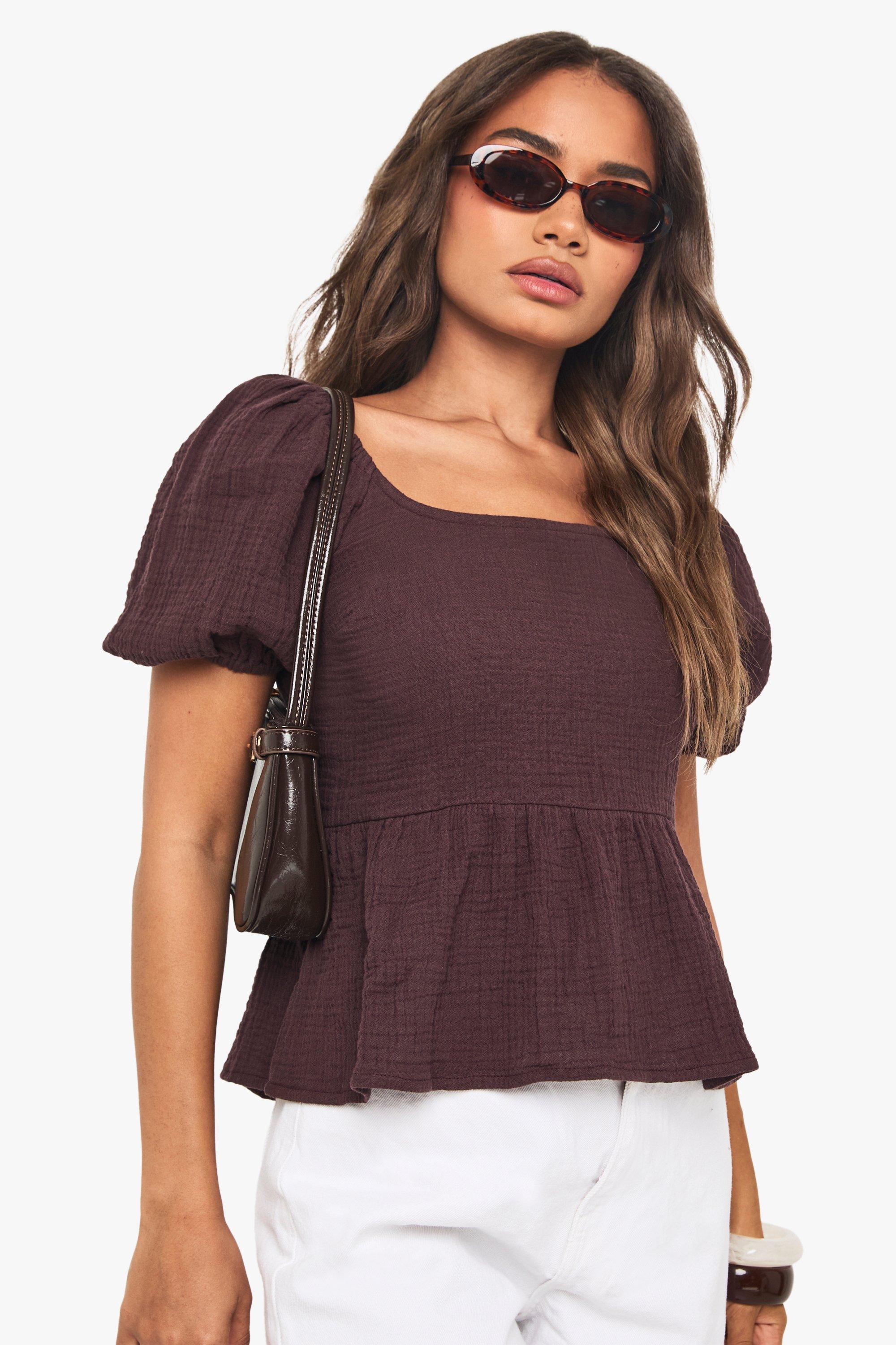 Boohoo Crinkle Cotton Puff Sleeve Shirred Crop Top, Chocolate