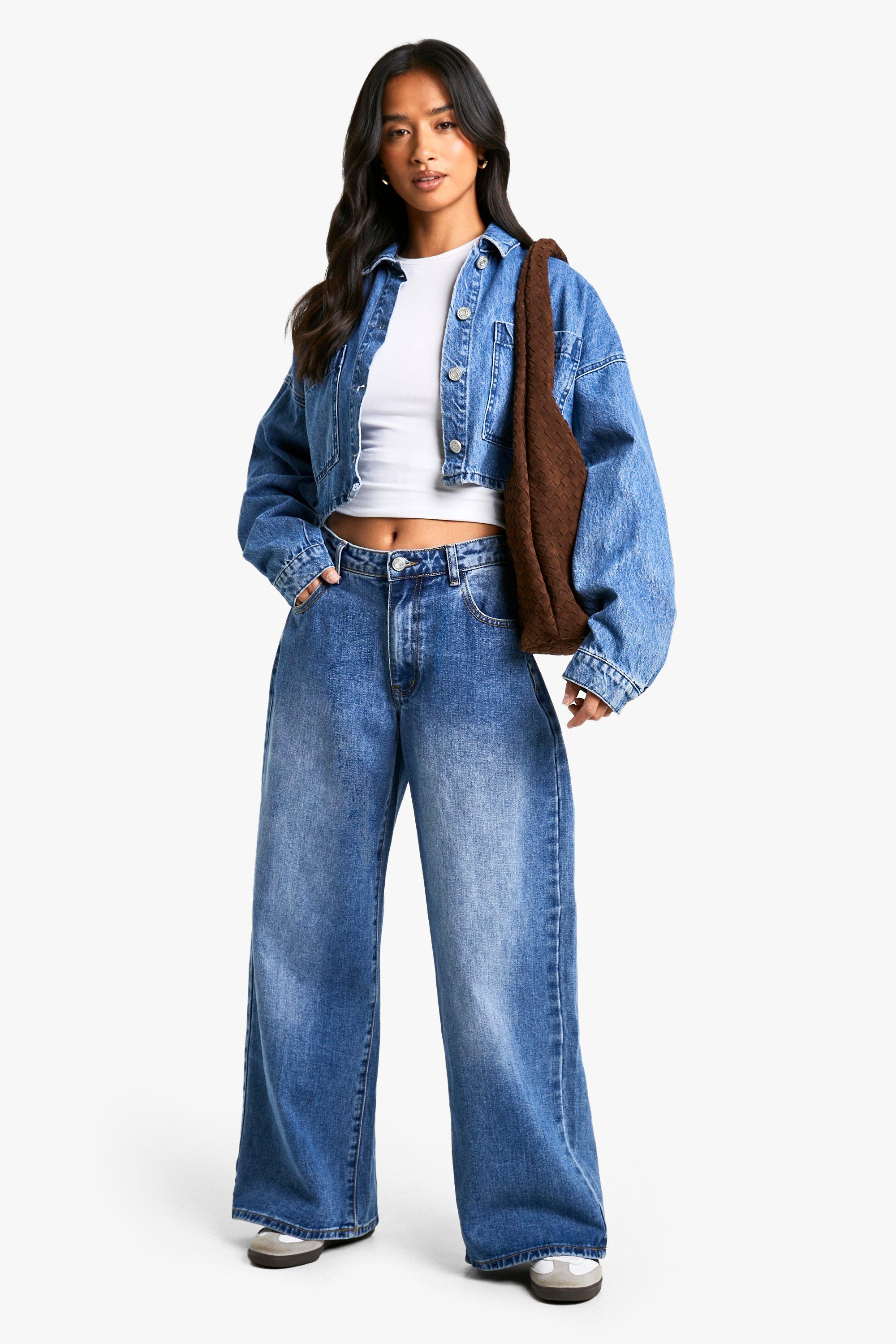 Boohoo Petite Wide Leg Jeans Met Hoge Taille, Mid Blue
