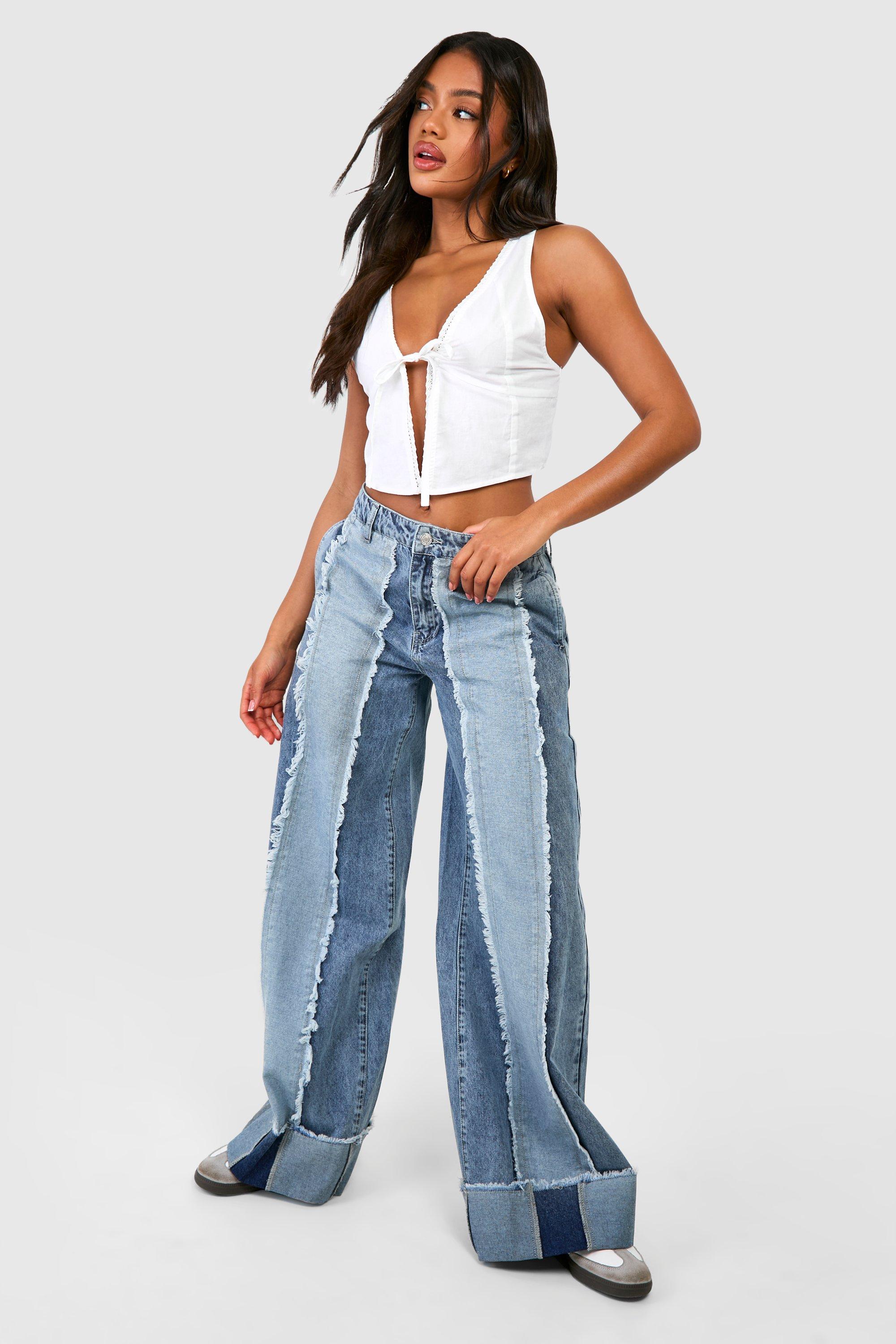 Boohoo Jeans Met Gerafelde Zoom, Patches En Omgeslagen Zoom, Light Blue