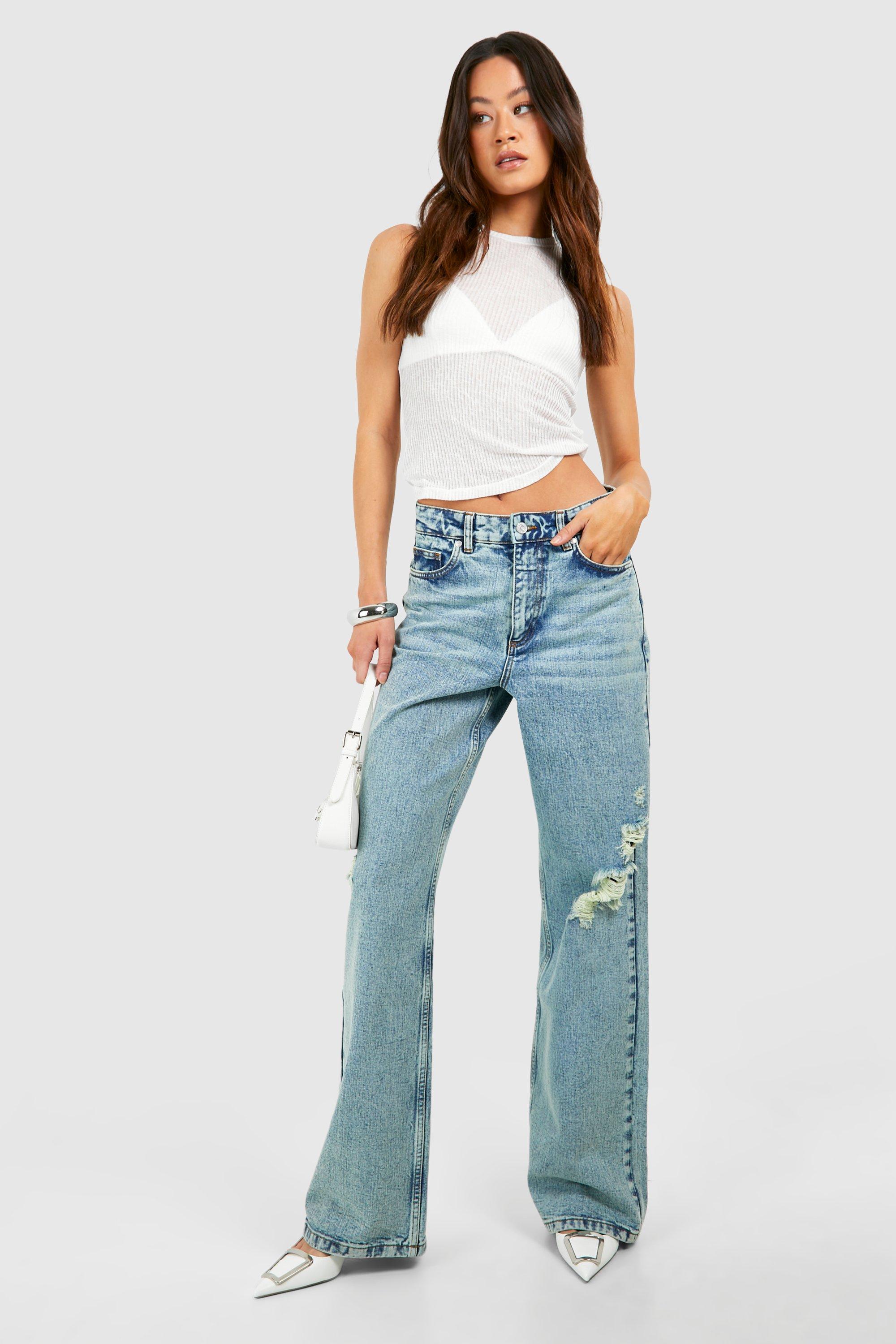 Boohoo Tall Lichtblauwe Gebleekte Gescheurde Wide Leg Jeans, Washed Blue