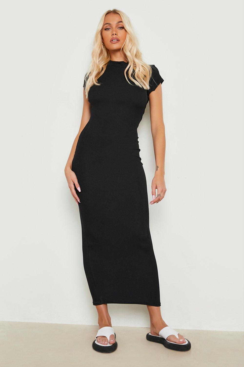 Boohoo Geribbelde Midaxi Jurk Met Kapmouwen, Black