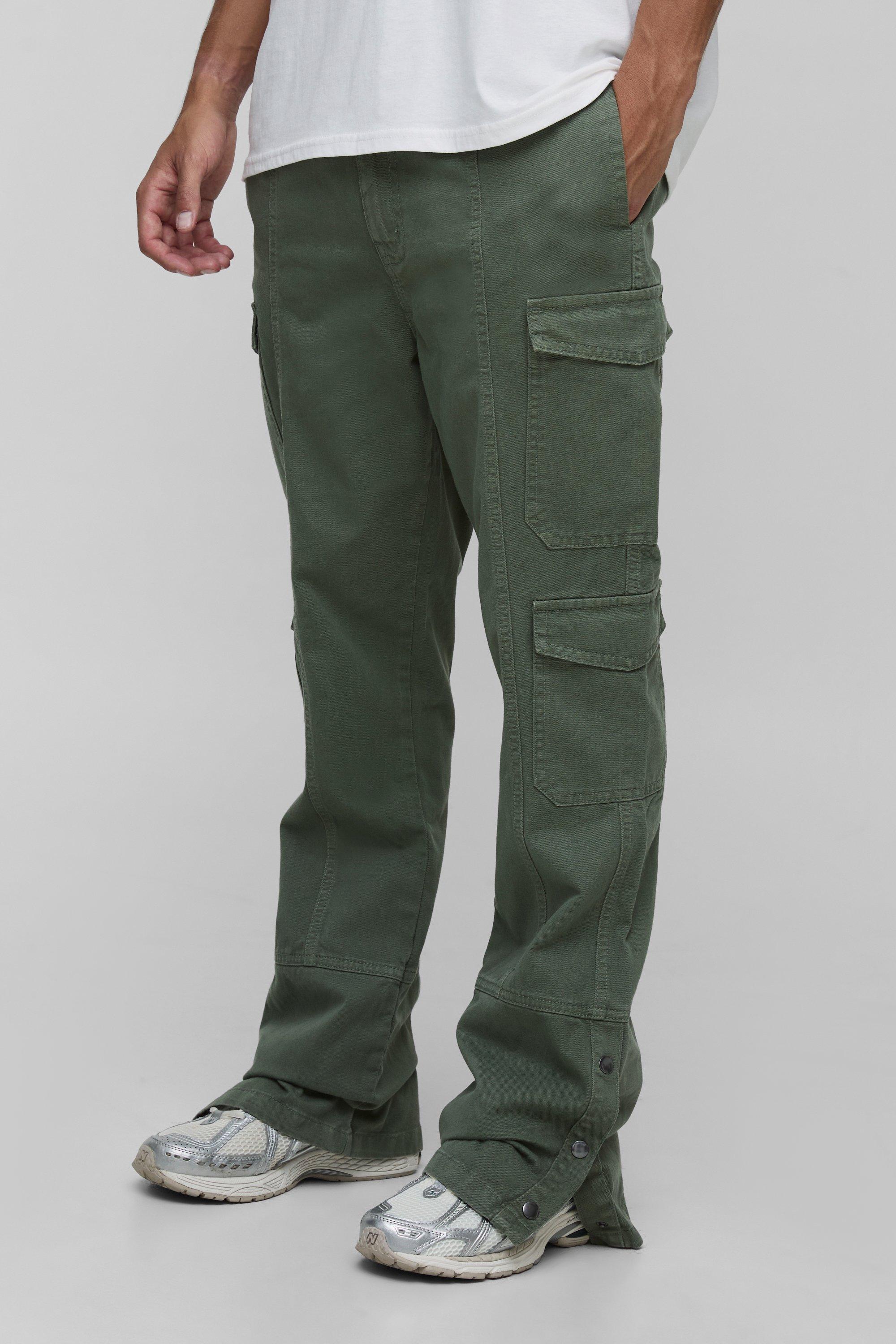 Boohoo Tall Washed Multi Pocket Popper Hem Slim Flared Pants, Khaki