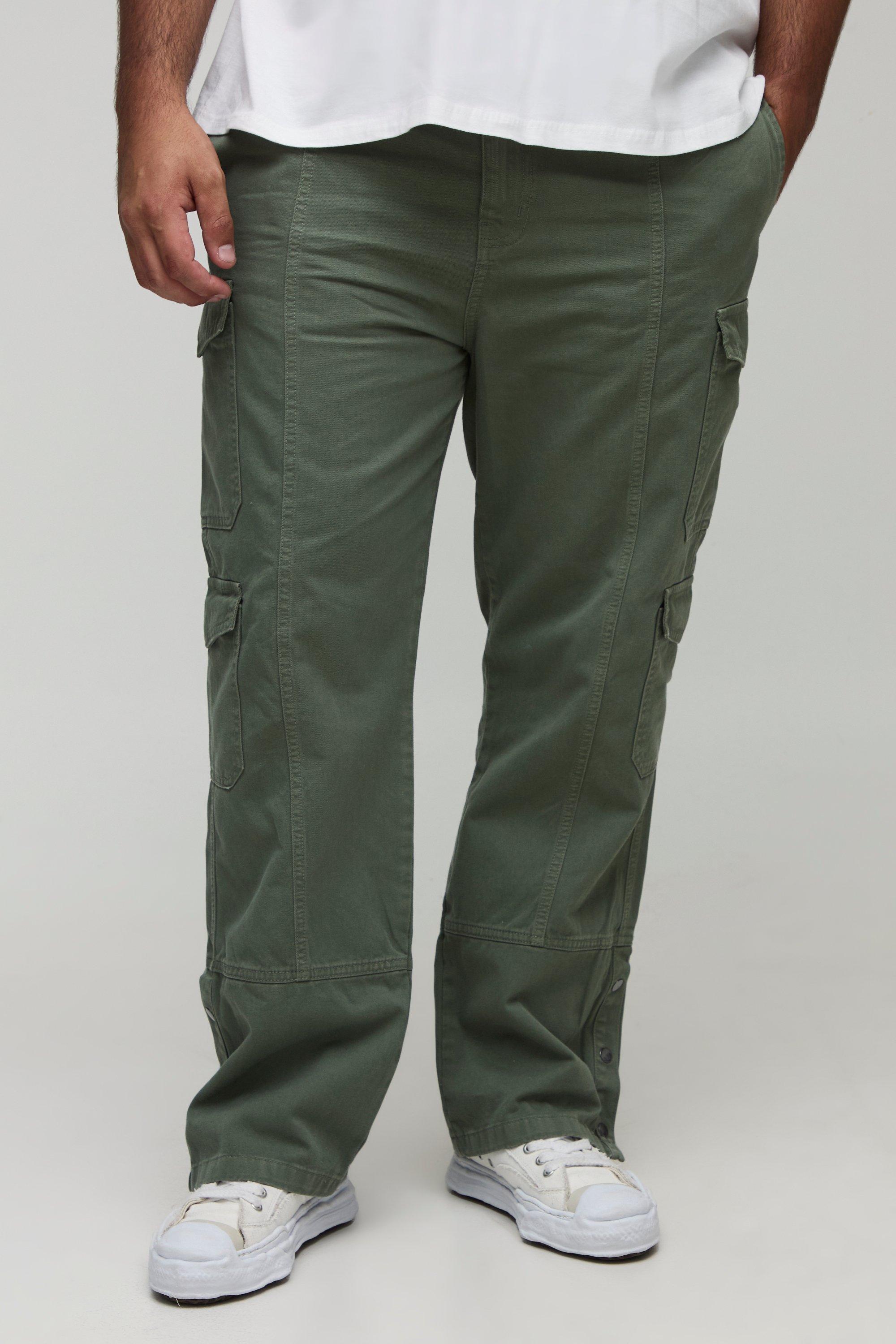 Boohoo Plus Washed Multi Pocket Popper Hem Slim Flared Pants, Khaki