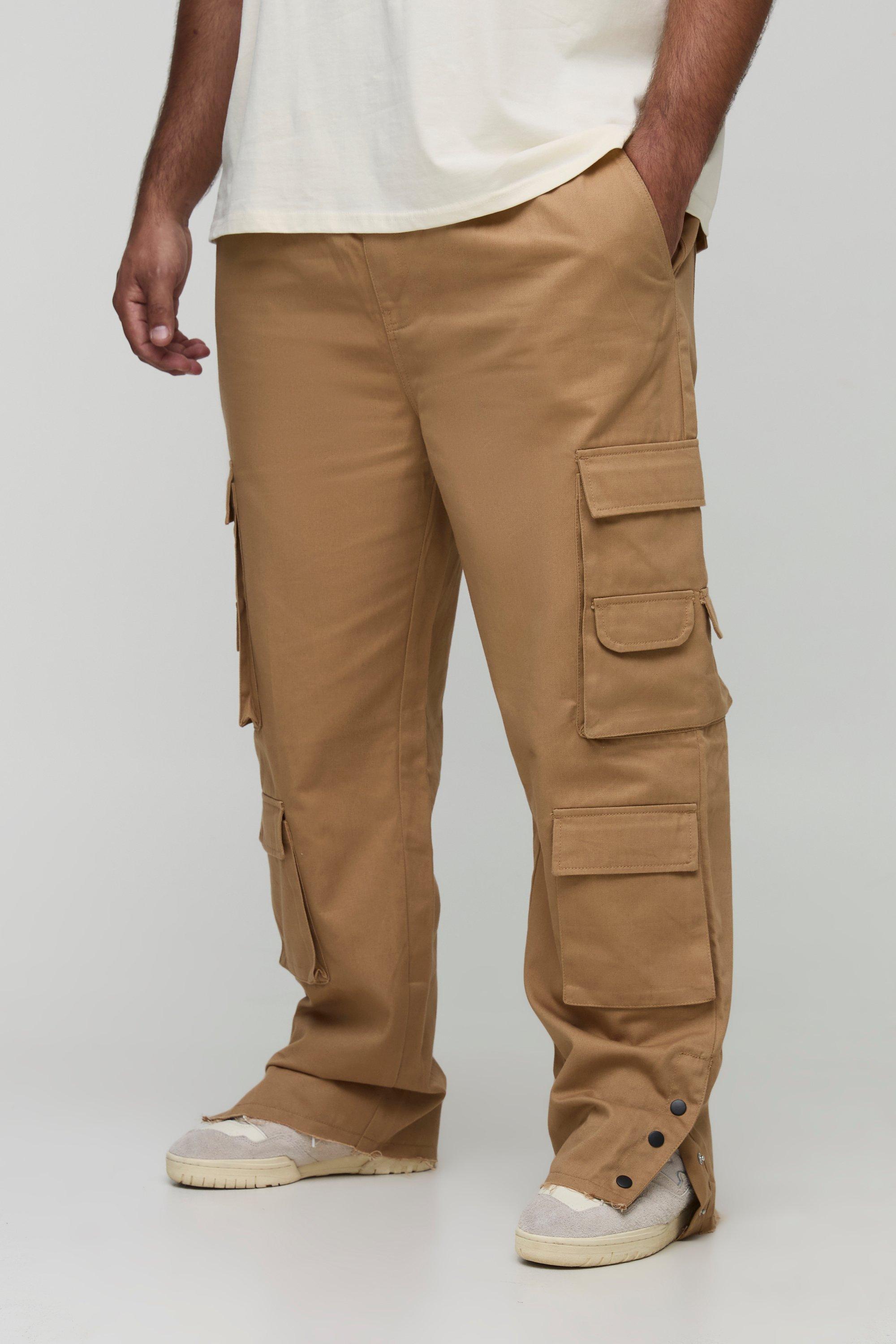 Boohoo Plus Relaxed Washed Raw Popper Hem Cargo Pants, Tan