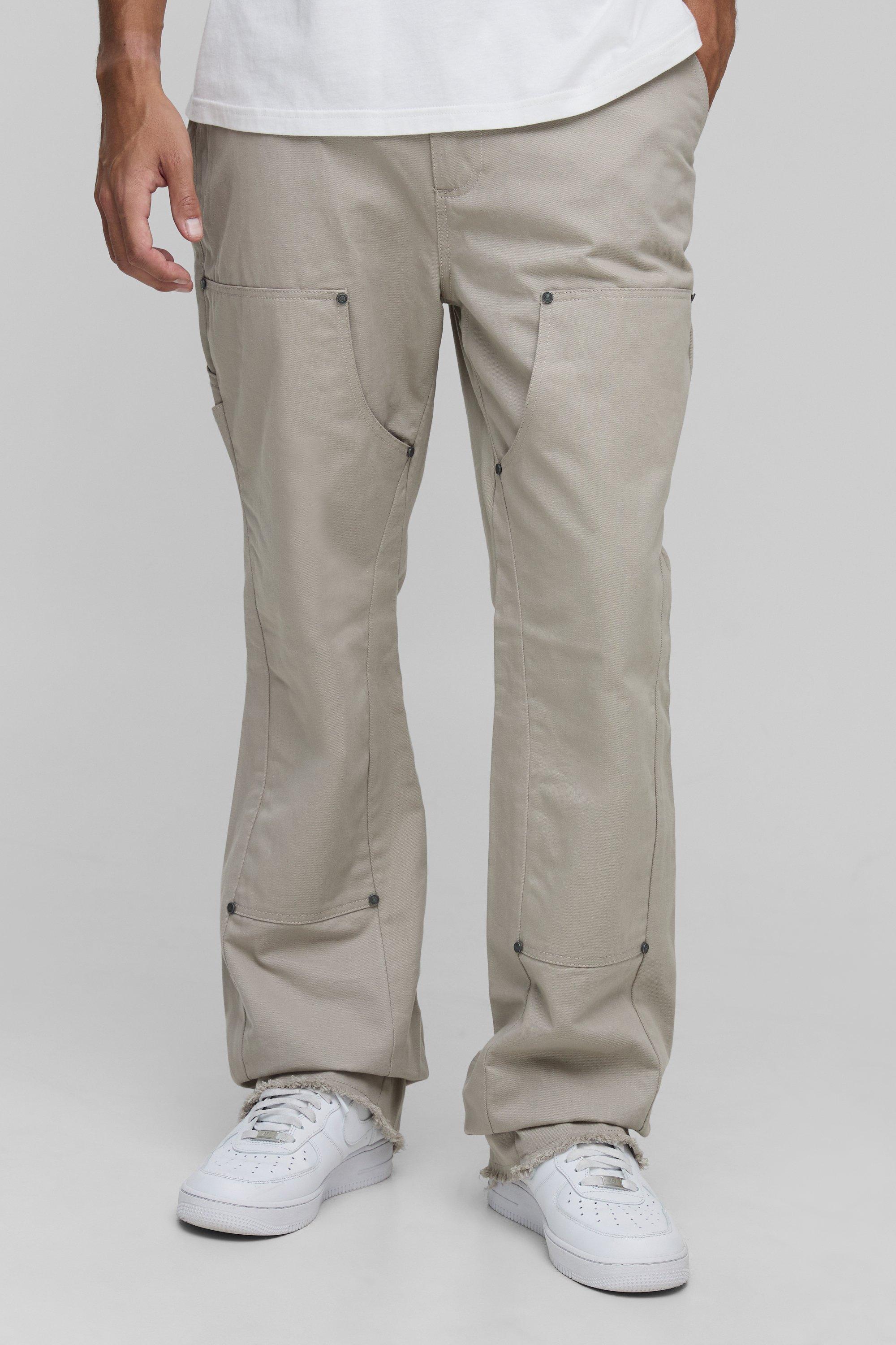 Boohoo Tall Slim Fit Washed Raw Hem Carpenter Flared Pants, Stone