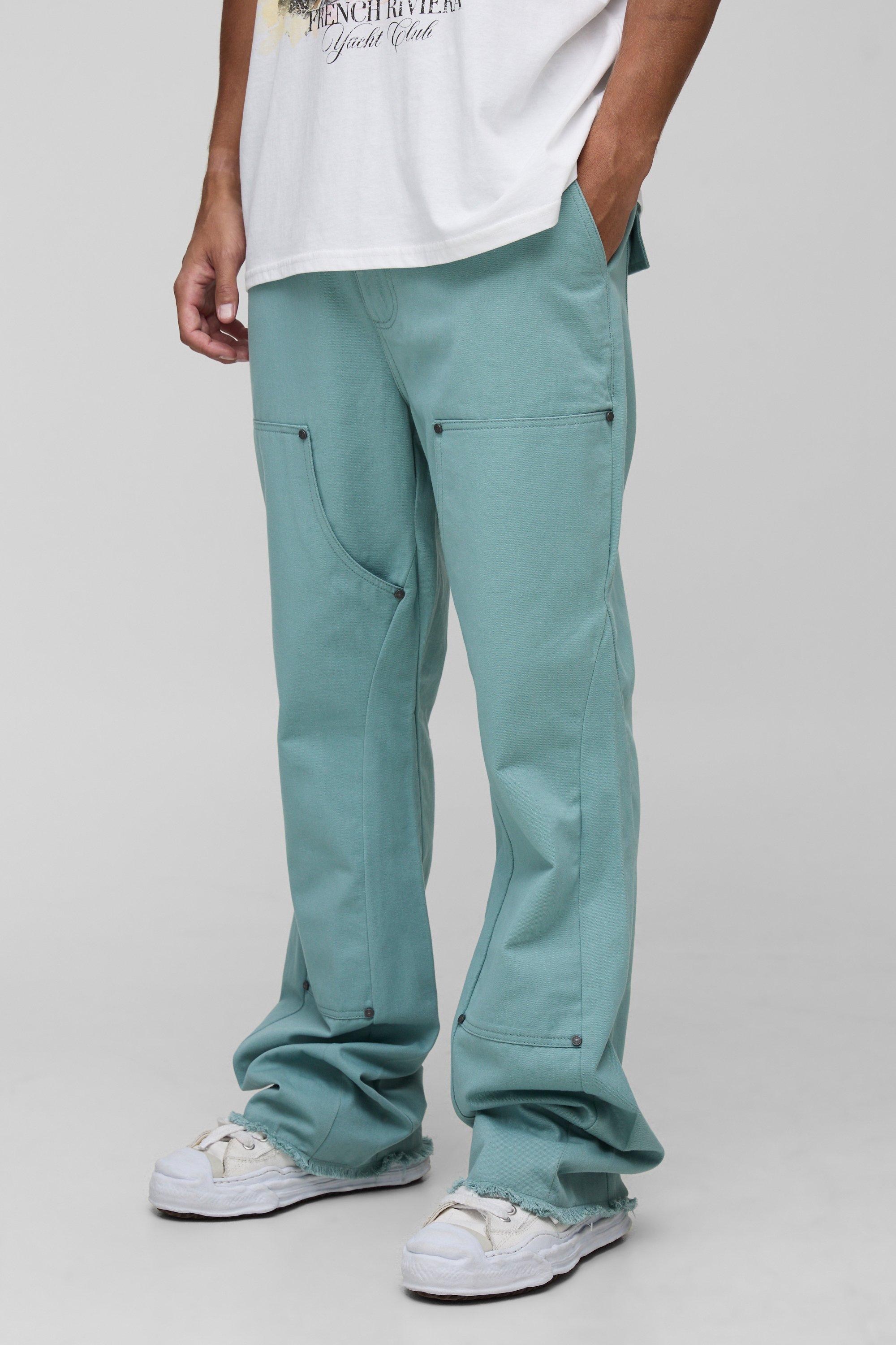 Boohoo Tall Slim Fit Washed Raw Hem Carpenter Flared Pants, Sage